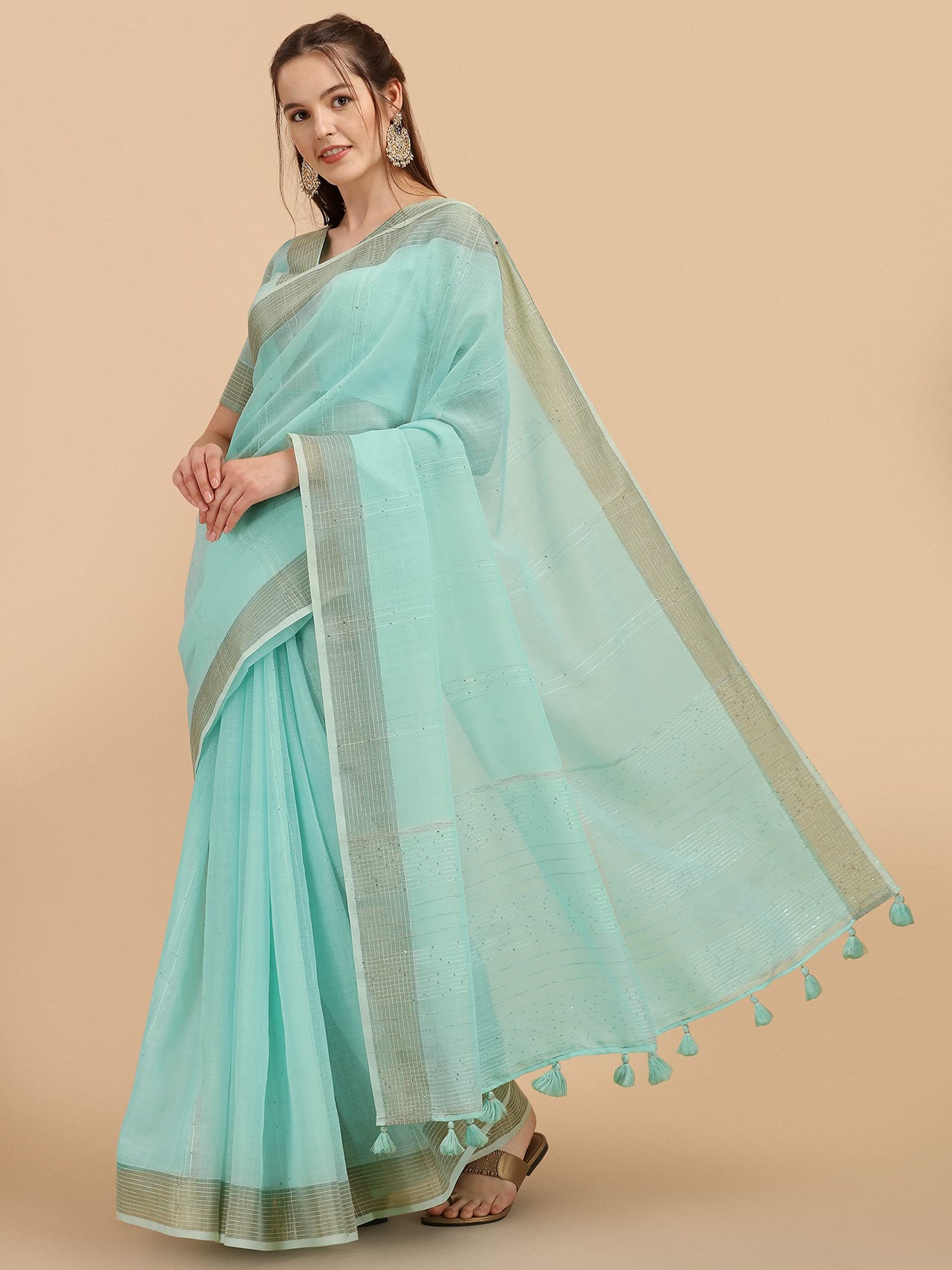 DUNGRANI Women's  Linen Saree With Blouse Piece