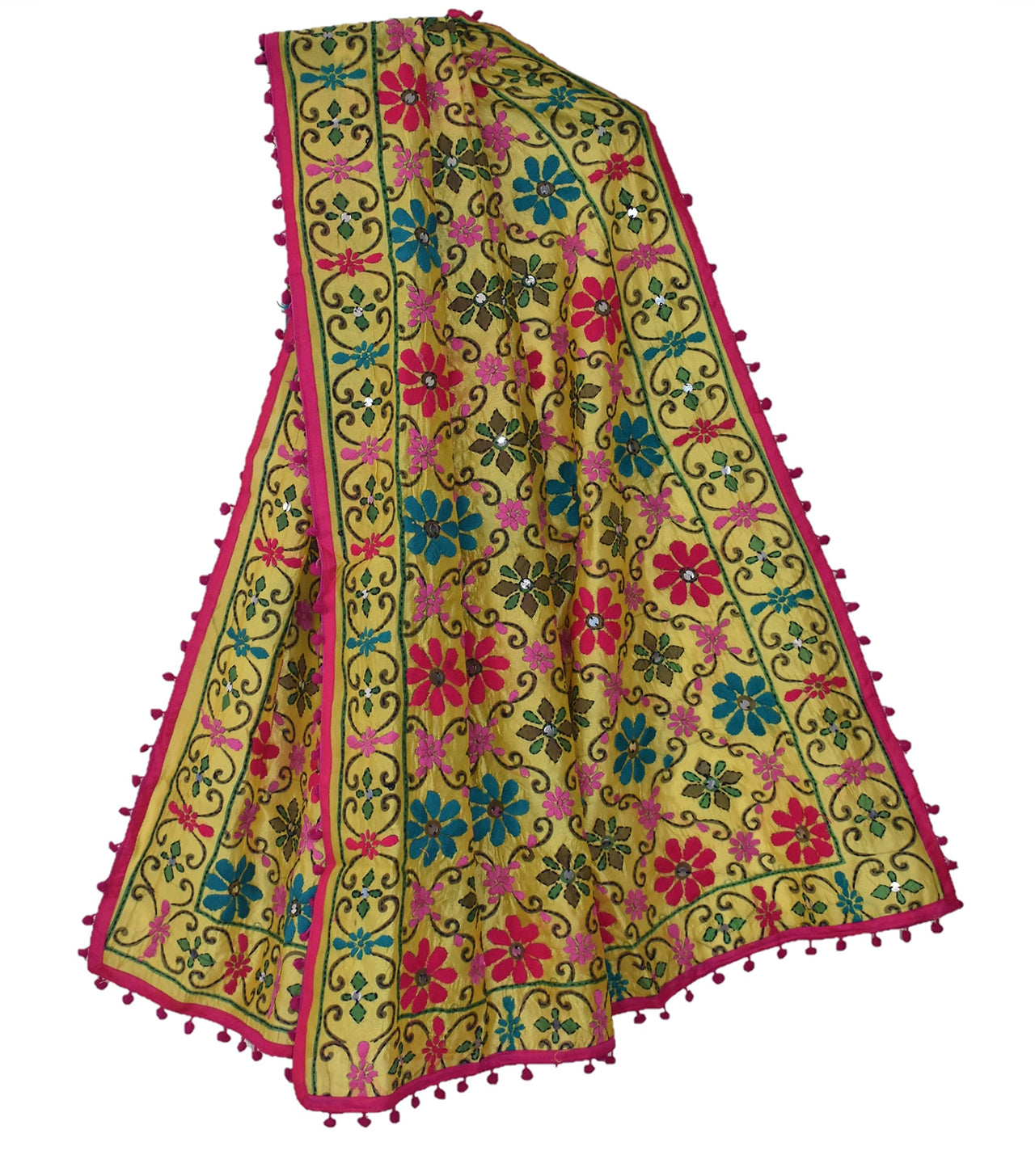 tweedle Chanderi Phulkari/Fulkari Dupatta for Women in Madhubani Kantha Embroidery