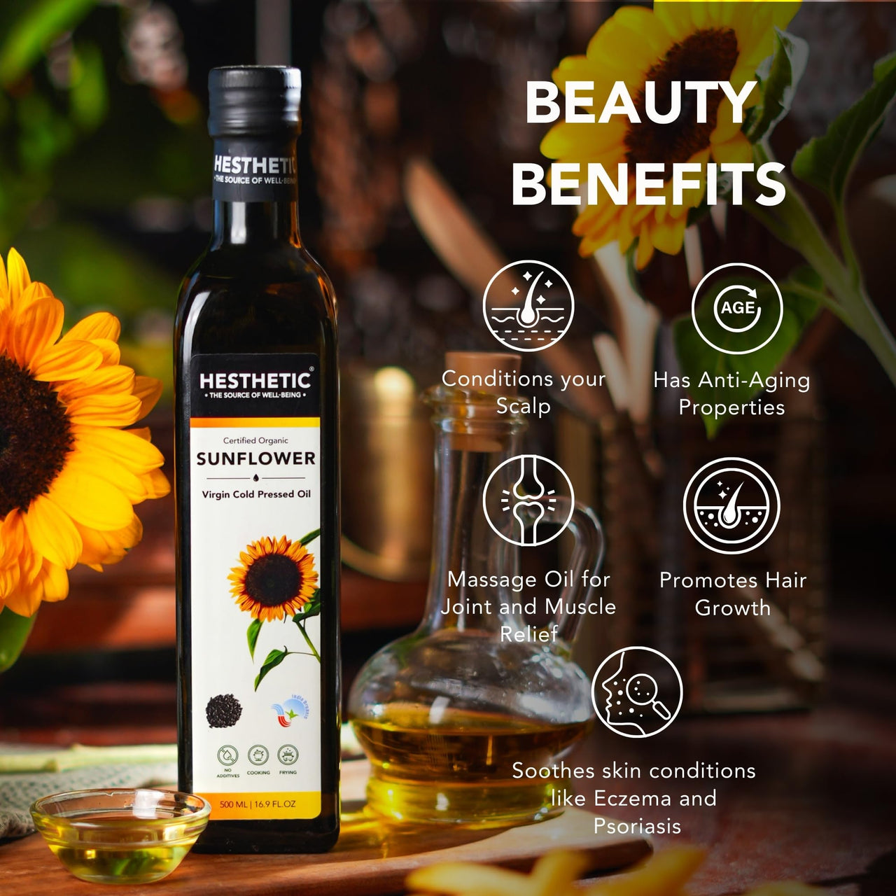 Hesthetic - Edible Cold Pressed Sunflower Oil | 500ml | Rich in Healthy Fats, Ideal for Cooking, Frying & Salad Dressings | 100% Pure & Natural | Food Grade Virgin Oil | Glass Bottle