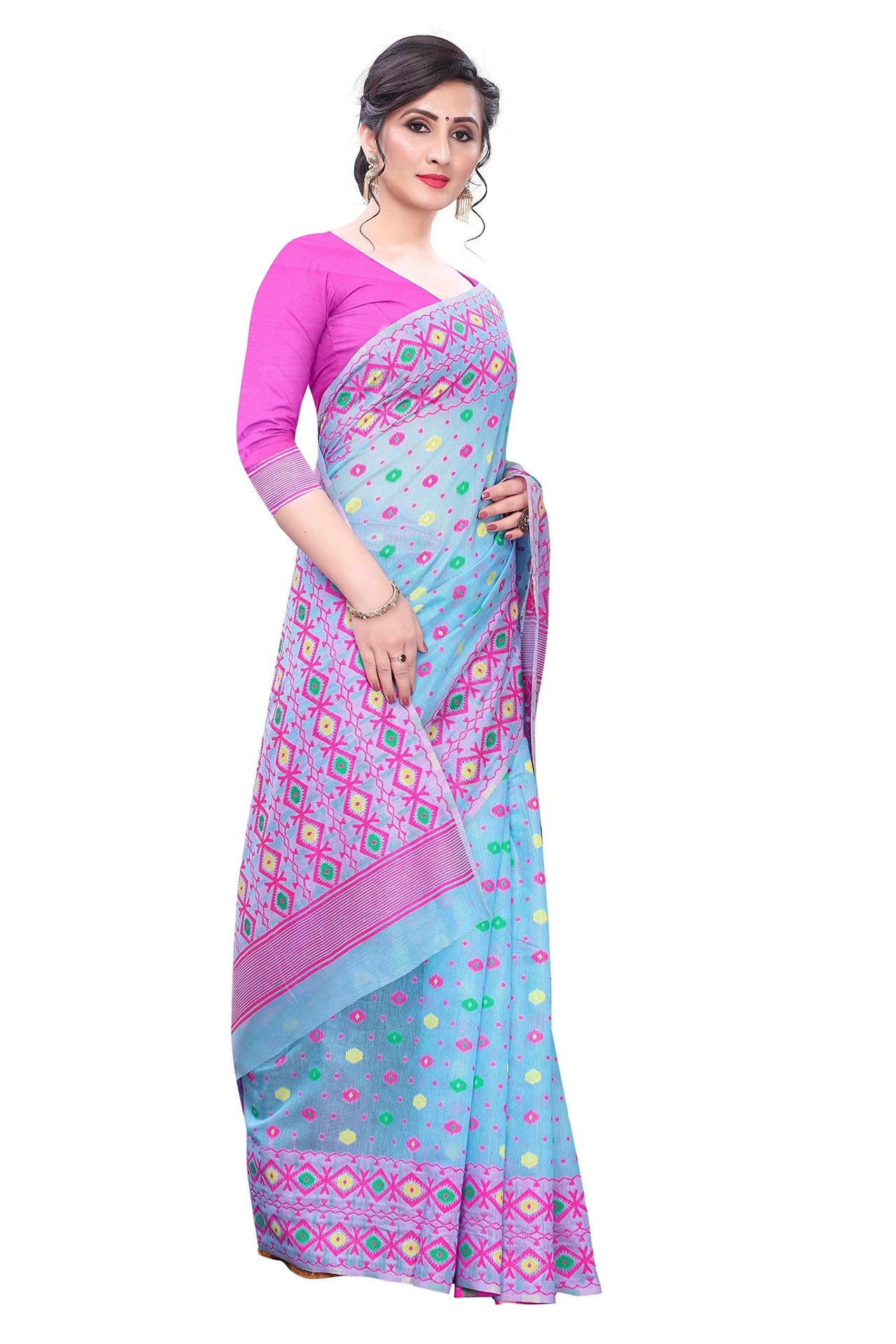 Enthone Women's  Pure Cotton Jamdani Saree With Unstitched Blouse Piece(Blue)