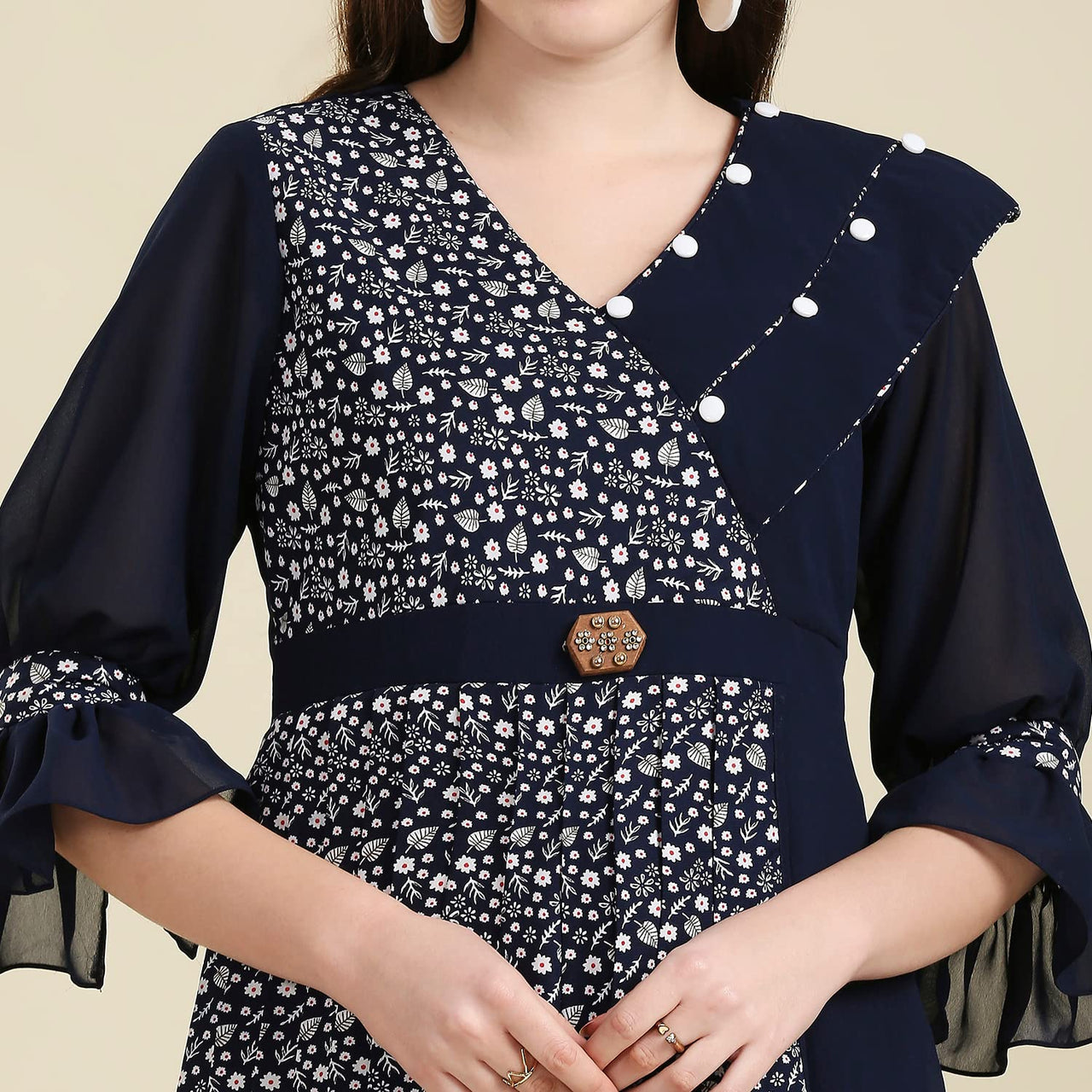 madhuram Women and Girls Fox Georgette and Printed V-Neck 3/4 Sleeve Anarkali Gown Stylish Kurta for Women (M-2345)