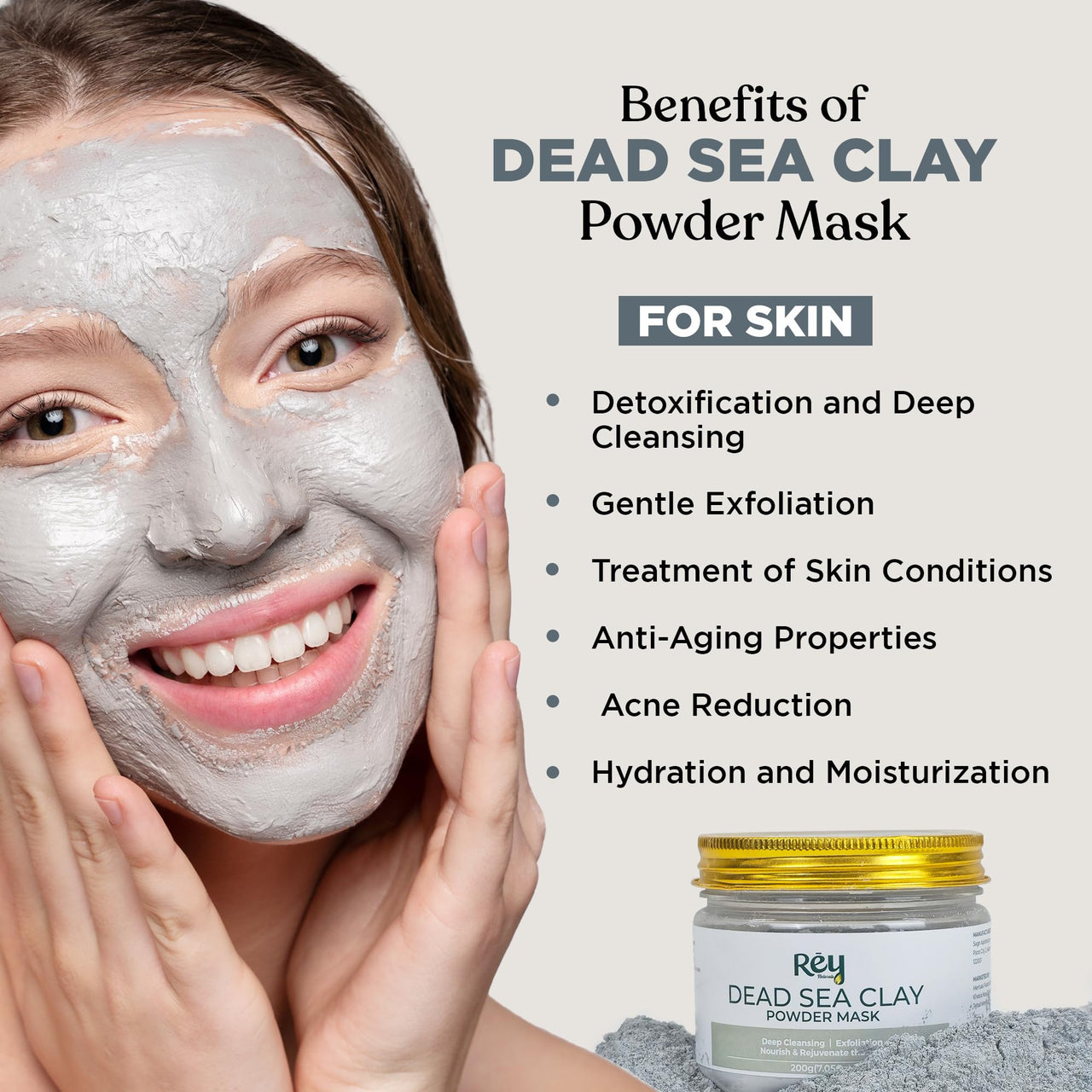 Rey Naturals Dead Sea Clay Face Pack - 200g | Face Clay Mask for Skin Hydration & Detoxification | Minimize Blackheads & Acne | Draws Out Impurities, Dirt & Toxins From Skin