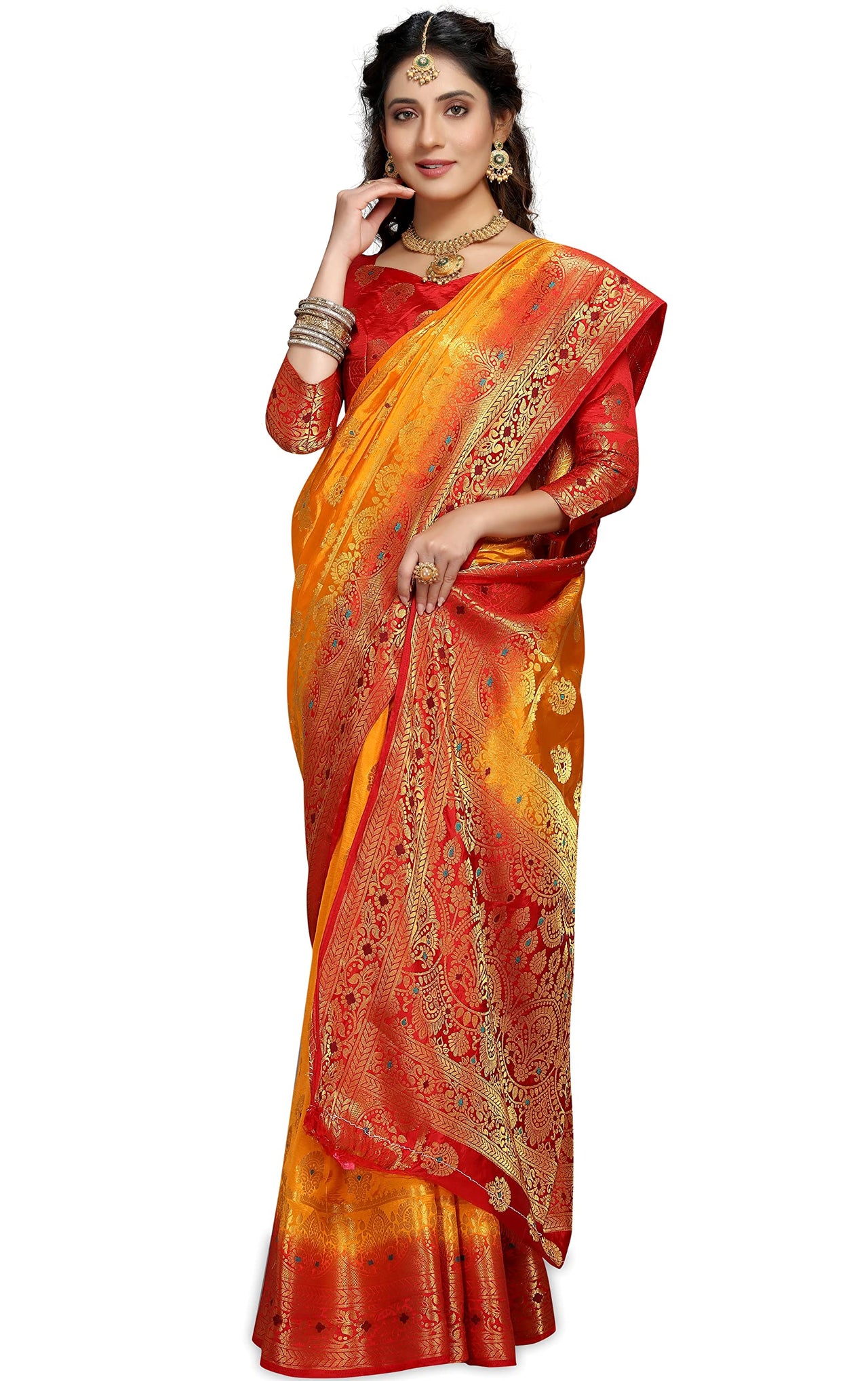 C J Enterprise Women's  Kanchipuam Pattu Pure Kanjivaram Silk Sarees For Wedding With Blouse Piece (perashooot paithani)