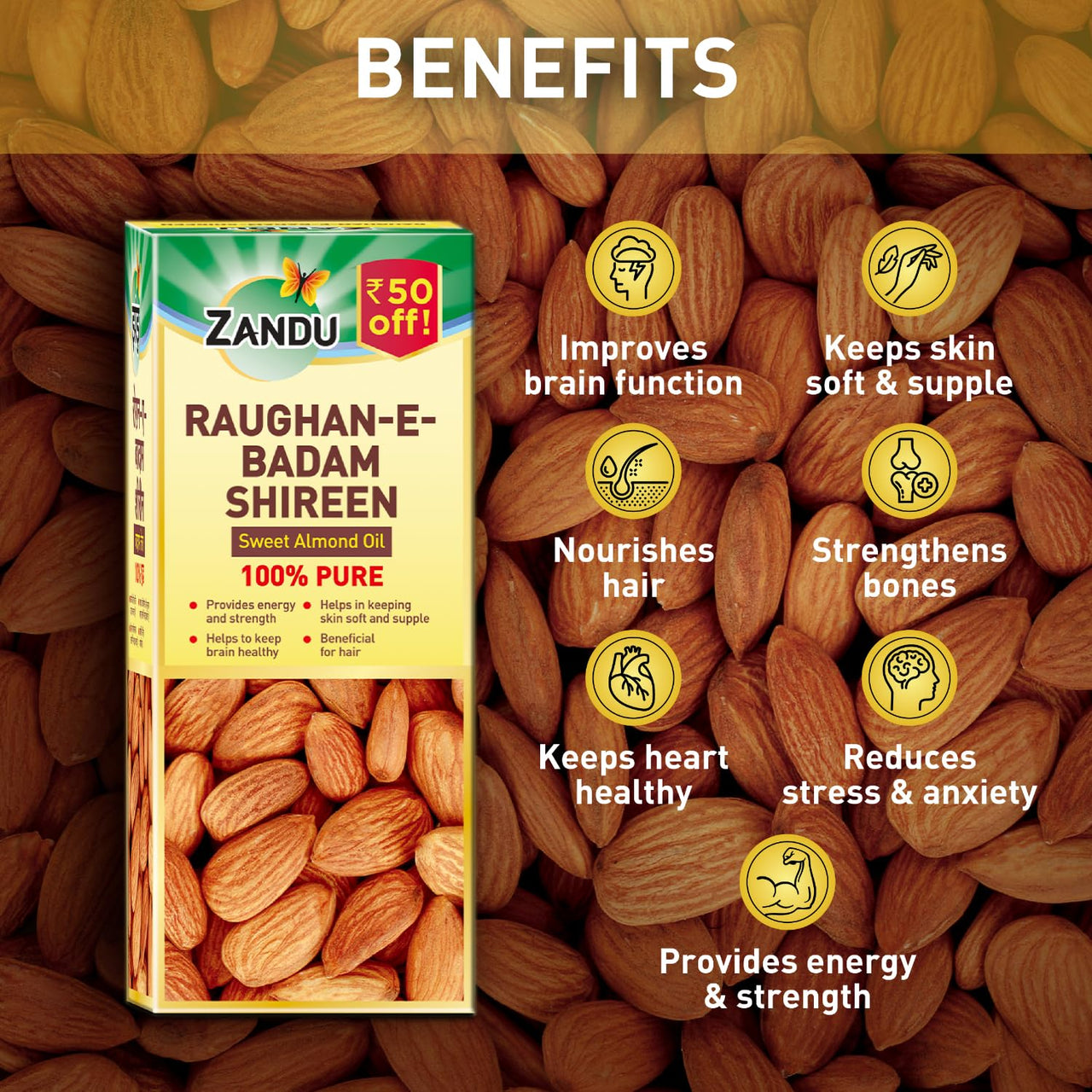 Zandu Raughan-E-Badam Shireen Sweet Almond Oil 100% Pure & Natural Cold Pressed 50Ml