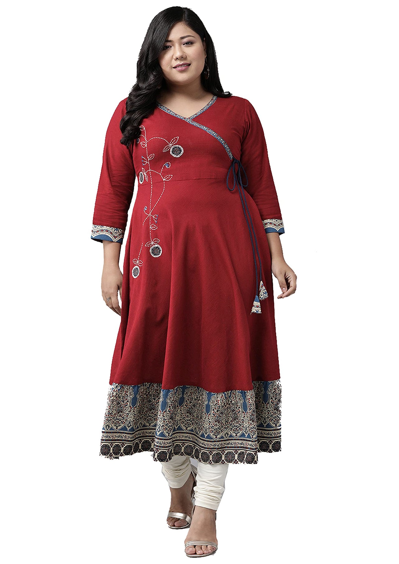 Yash Gallery Women's  Plus Size Plus Size Cotton Blend Kalamkari Printed Angrakha Kurta for Women