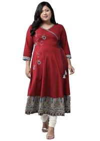 Yash Gallery Women's  Plus Size Plus Size Cotton Blend Kalamkari Printed Angrakha Kurta for Women