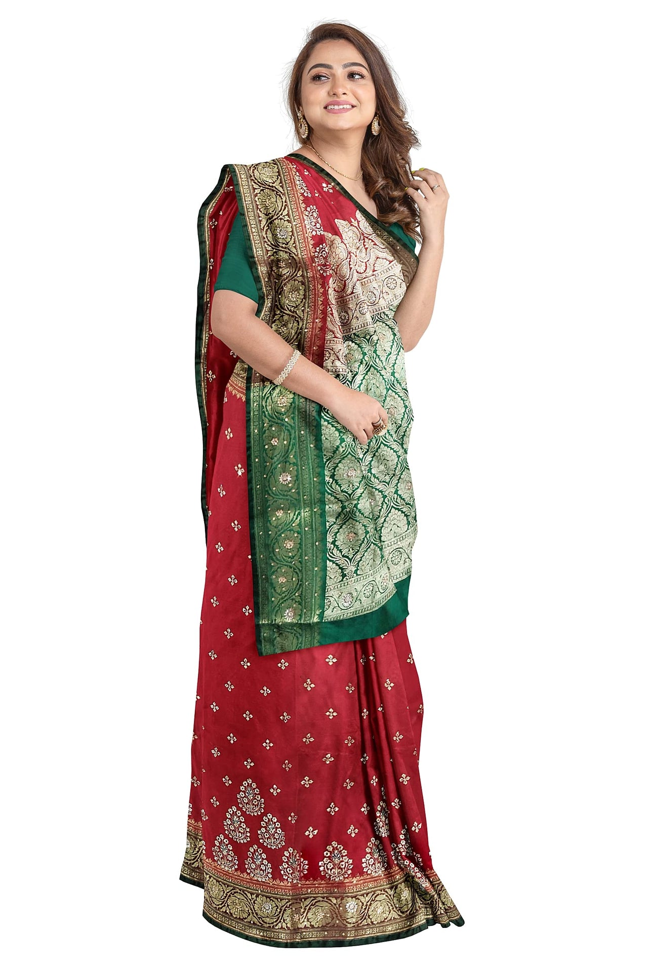 Shravanya Women's  Banarasi Silk Saree with Designer Embroidery and Stone Work with Jacquard Pallu, Border and Plain Unstitched Blouse Piece