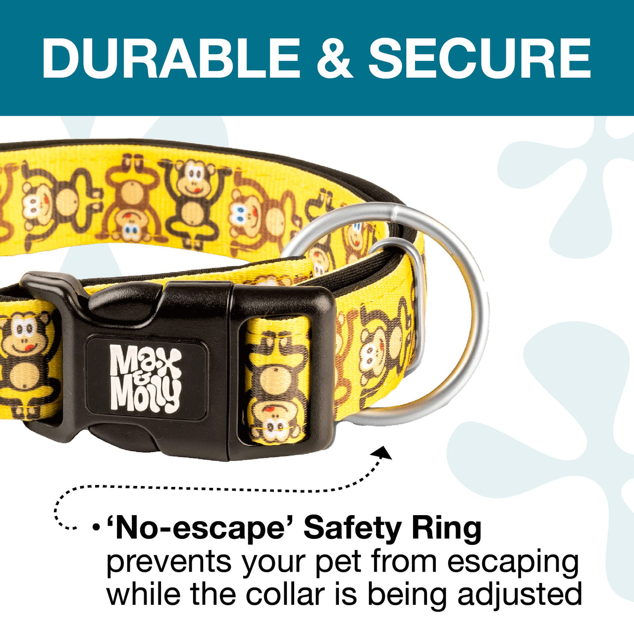 Max & Molly Soft Padded Neoprene Dog Collar w/Smart ID Gotcha! QR Pet Safety Tag, Durable, Waterproof, Anti-Stink, Machine Washable Collar for Dogs, Monkeys Pattern, L