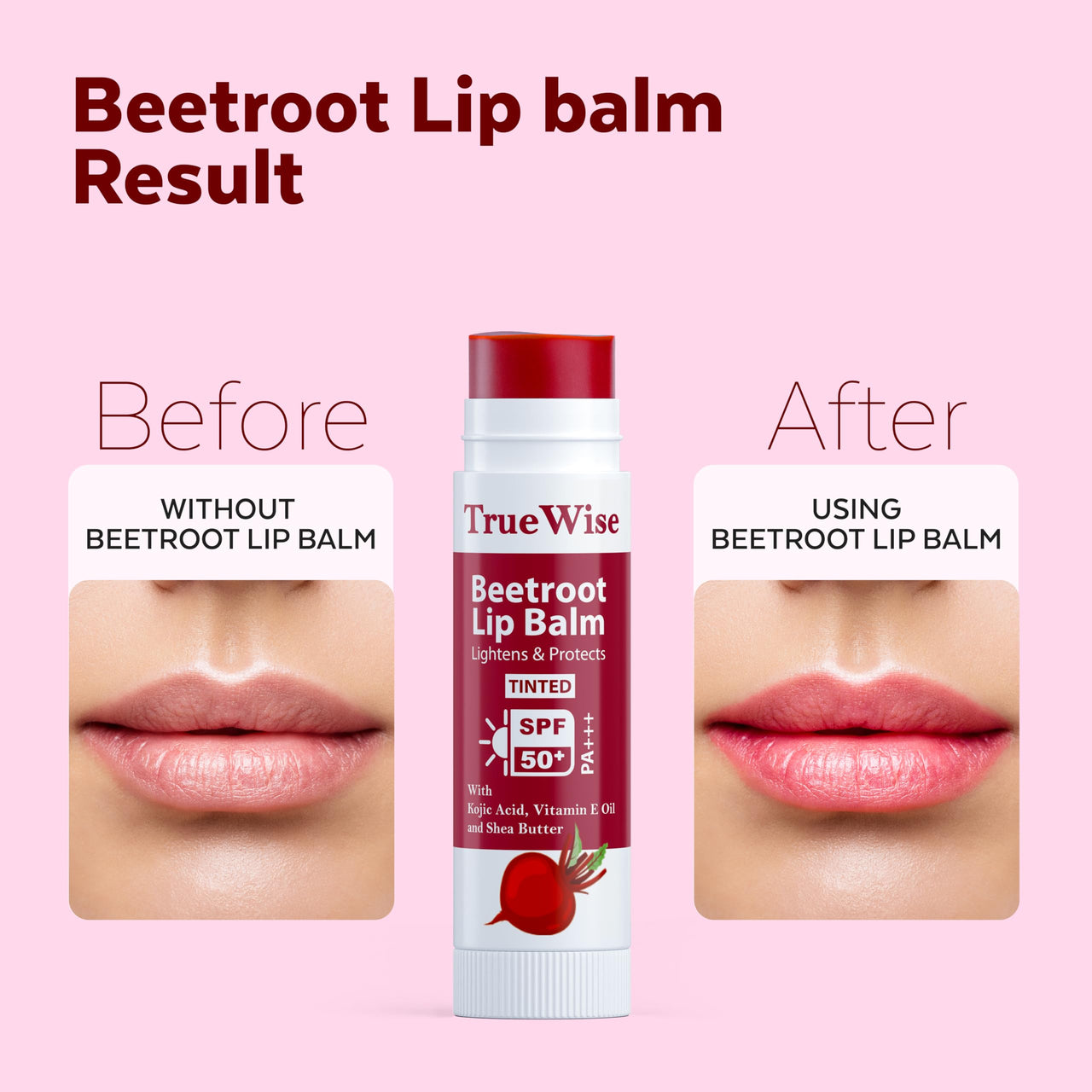 TrueWise® Tinted Lip Balm with SPF 50 PA+++ Brightening Beetroot Lip Balm For Dark Lips With Kojic Acid,Vitamin E, Soft, Glossy Lips- SPF lip balm for Women 5g (Pack Of 2)