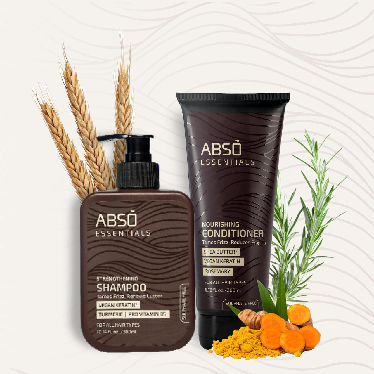 ABSO ESSENTIALS Combo Pack of Strengthening Shampoo and Nourishing Conditioner for Lustrous, Frizz-Free, Deep cleansing, Provides Strength, Soft and Smooth Hair (Shampoo -300ml+ Conditioner-200ml)