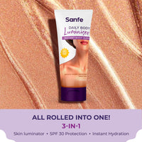 Sanfe Daily Body Luminiser l Instant Body Highlighter For Women | SPF50 Smudge Proof | Water Proof | Sweat Proof | Transfer Proof | Daily Complexion Booster | For Indian Skin | 50g