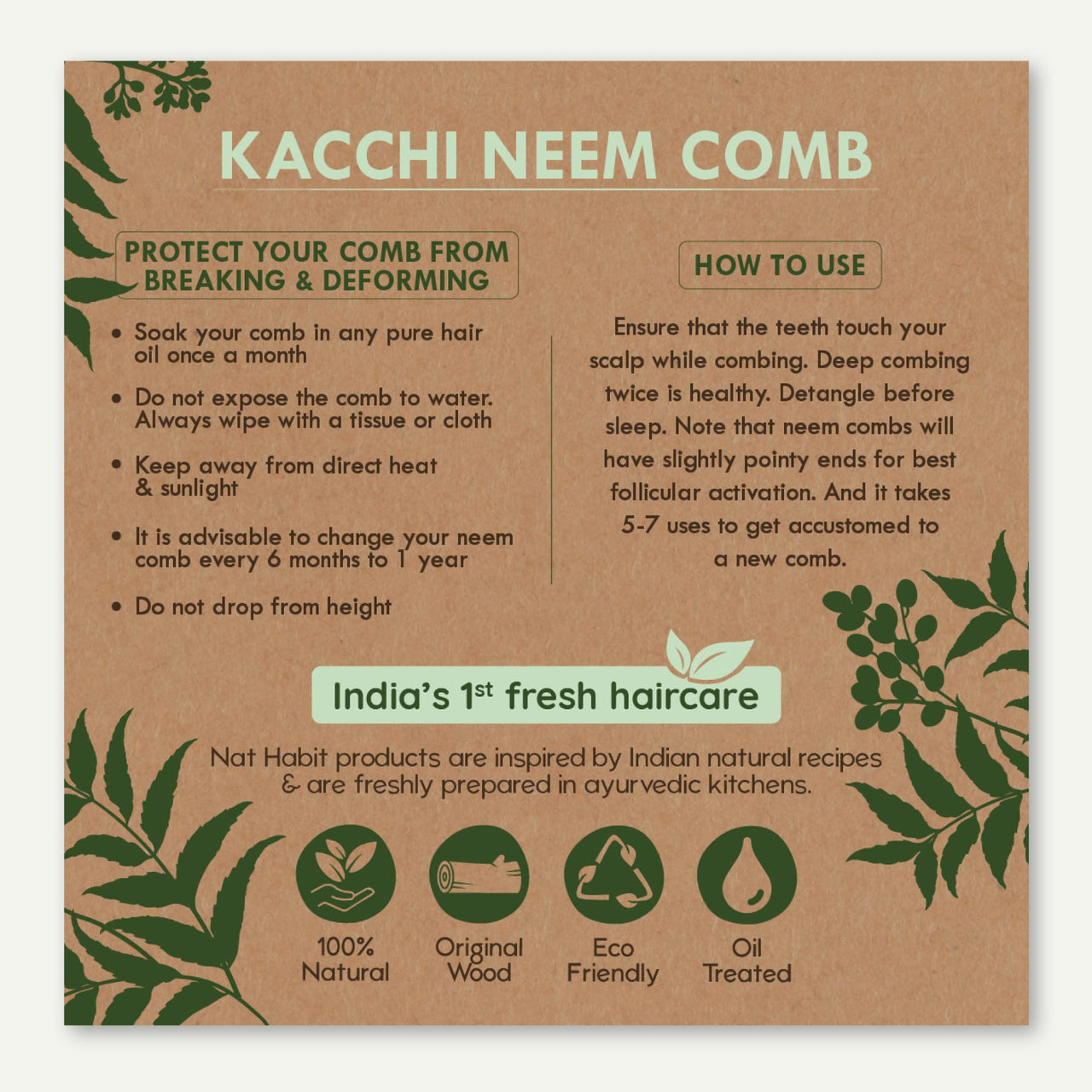 Nat Habit - Kacchi Neem Wooden Comb - Soaked In 17 Herbs Neem & Sesame Oil For Multi-Actions - Deta,Nat Habit Kacchi Neem Wooden Comb - Soaked In 17 Herbs Neem & Sesame Oil For Multi-Actions - Detang