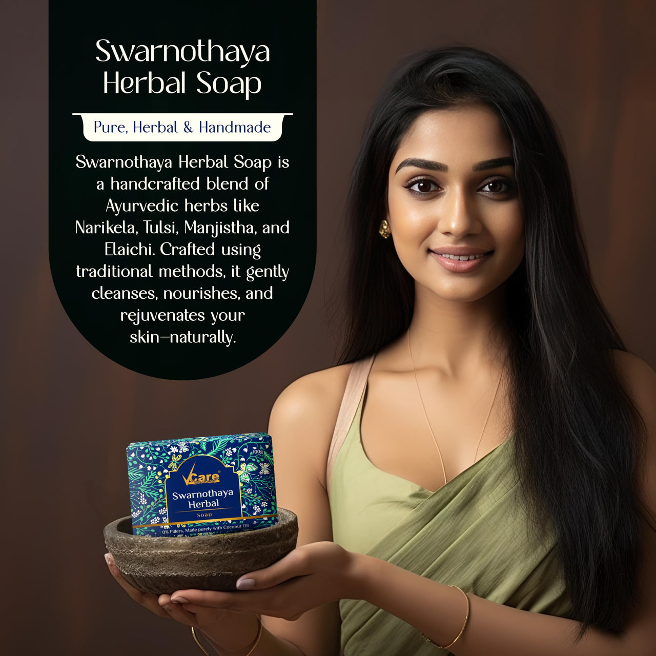 VCare Swarnothaya Herbal Soaps for Bath 100g | Handmade Soap Bar for Women and Men | Reduces Wrinkles and Exfoliates Dirt | Rejuvenates Skin Cells for a Soft and Glowing Skin | Pack of 1