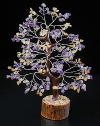Amethyst & Citrine Crystal Tree of Life - Chakra Tree for Positive Energy, Handmade Gemstone Tree - Feng Shui Decor, Good Luck Money Tree Bonsai - Healing Crystals, Decoration Ornament, Spiritual Gift Amethyst + Citrine (Silver Wire)