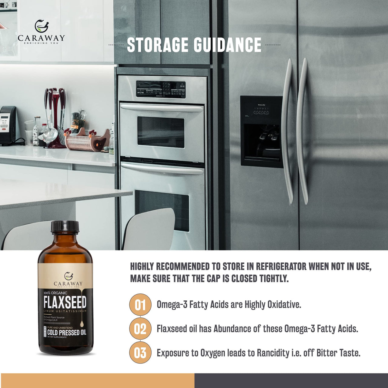 CARAWAY Certified Organic Cold pressed Flaxseed Oil 1000mg Vegan Omega 3 6 9 Supports Skin, Joint, Hair Brain, Muscles And Bones- 236 ML / 8 oz