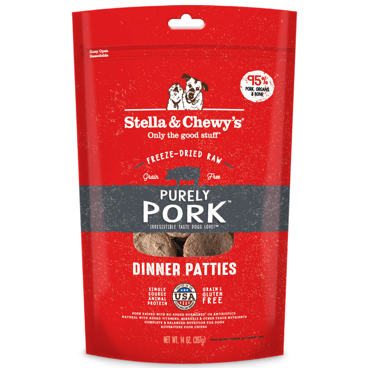 Stella & Chewy's  Freeze Dried Raw Dinner Patties  Grain Free Dog Food, Protein Rich Purely Pork Recipe  14 oz Bag (Packaging may vary)