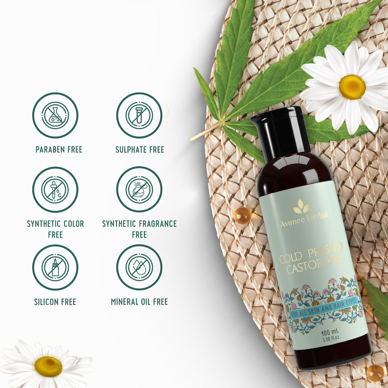 Avimee Herbal Keshpallav Cold Pressed Organic Castor Oil - 100 ml | for Hair Growth & Adds Shine | Strengthens Hair, Repairs Damaged & Dry Skin, Strong Nails | with Vitamin E & Mineral Oil