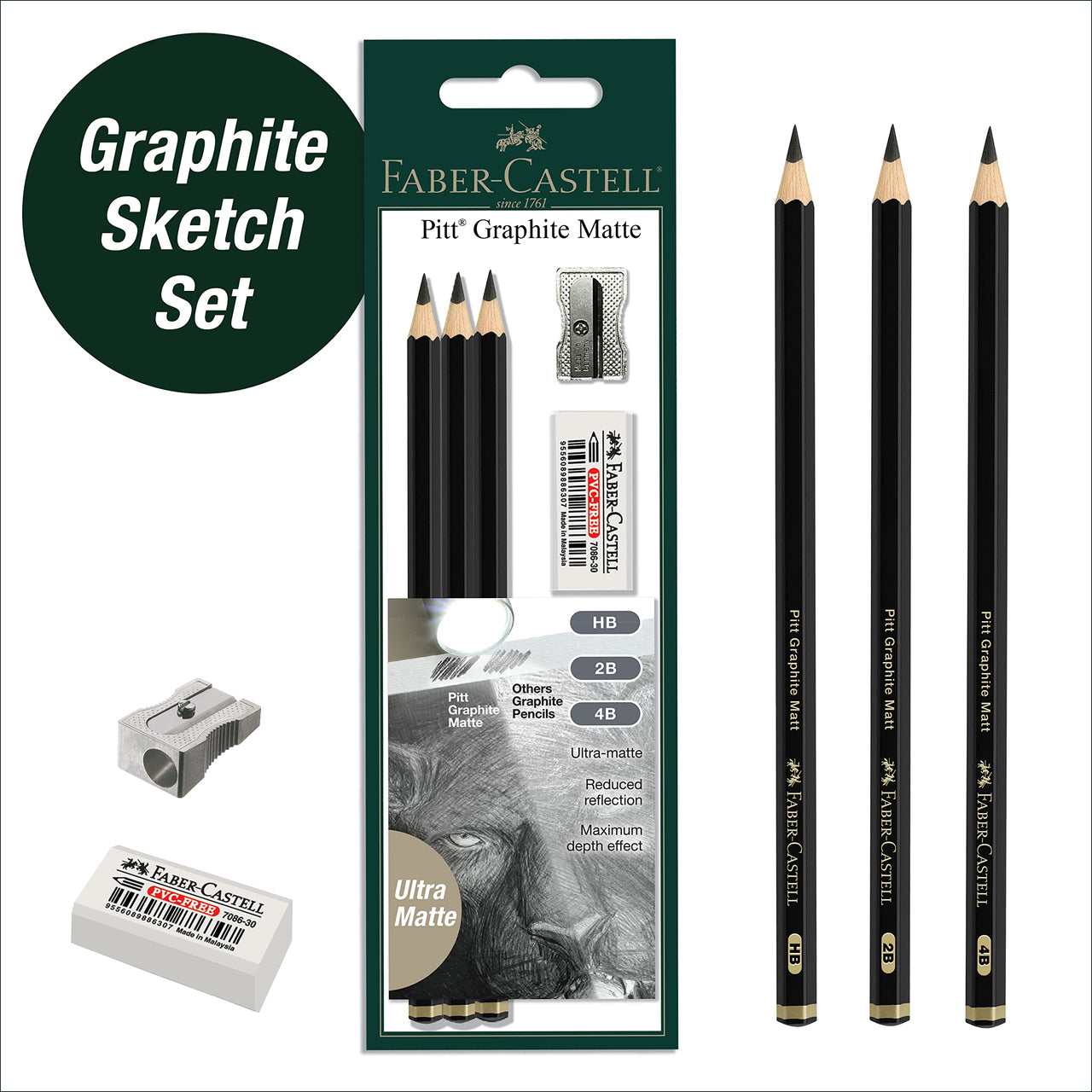 Faber-Castell 3 Count Pitt Graphite Matte Tin - HB, 2B, 4B - Matte Black Graphite Pencils 3 Count - HB, 2B, 4B