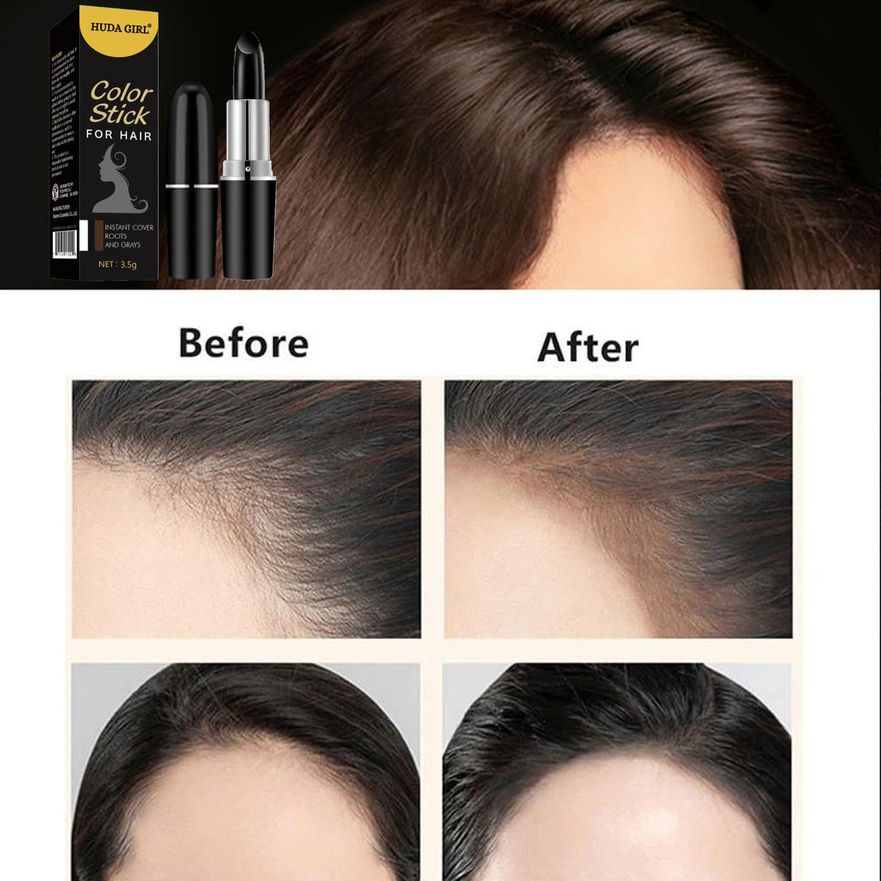 HUDA GIRL Natural Hair Color Root Touch Up For Grey Hair, Non-Toxic White Hair Coverage Touch Up Hair Dye Pencil For Men & Women (Black, 1 count)