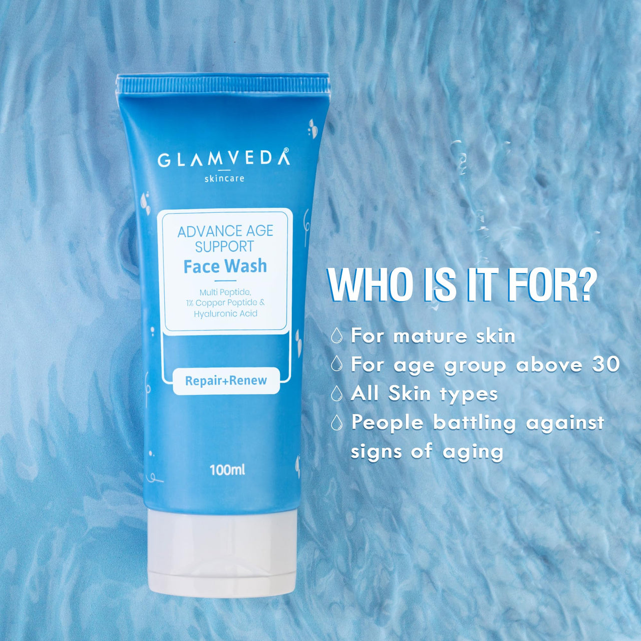 Glamveda Copper Peptide & Hyaluronic Acid Advance Age Support face Wash | Anti Ageing & Firming | All Skin Types | Multi Peptide Complex & Centella Assiatica | 100ml