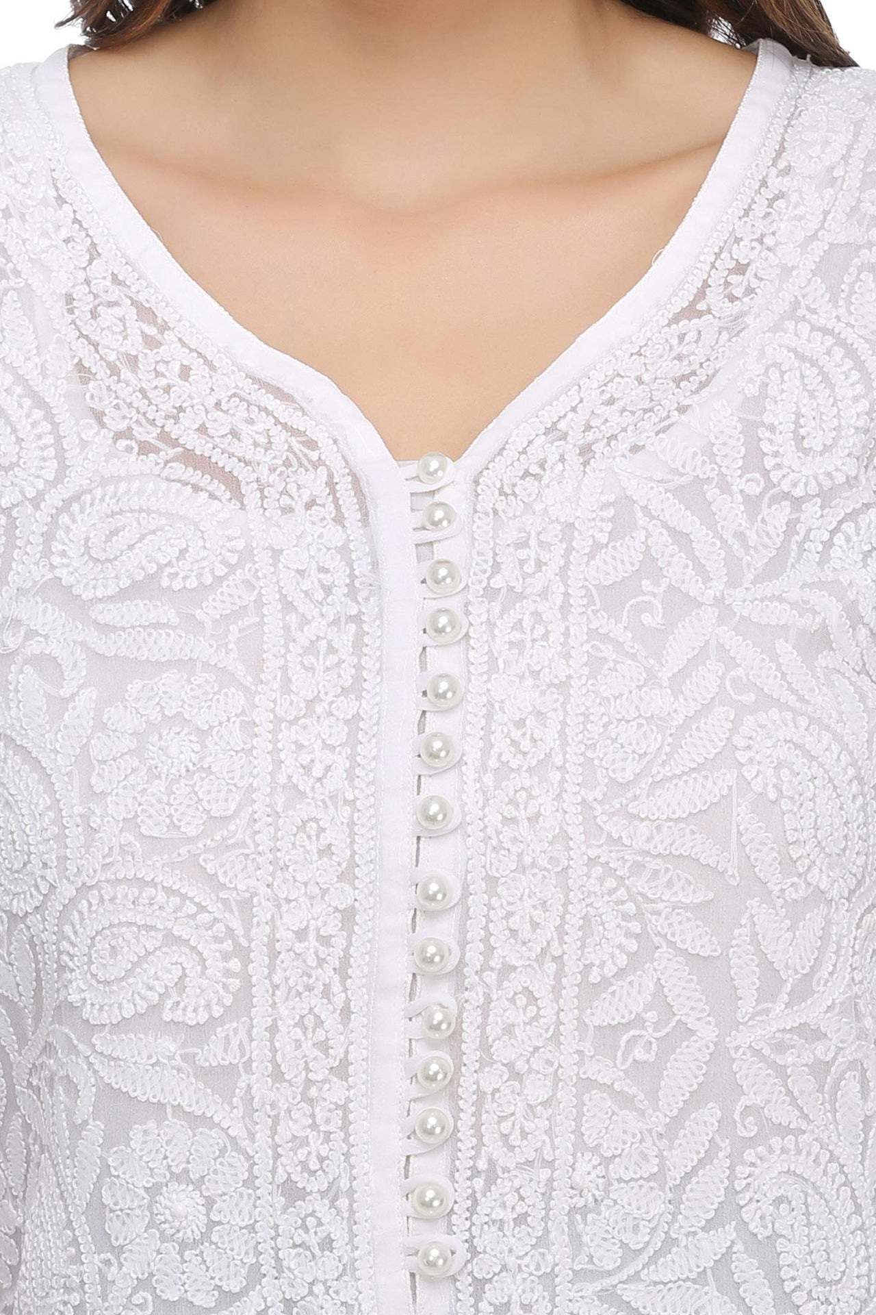 Ada Women's  Hand Embroidered Faux Georgette Lucknowi Chikankari Kurti with Slip