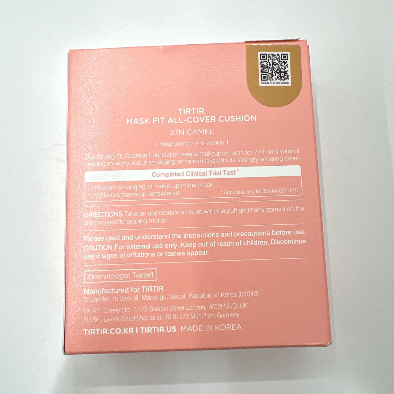 TIRTIR Mask All-Cover Cushion Foundation | Full coverage, Skin fit, Satin Glow Finish | Korean Cushion Foundation #27N CAMEL | 18g