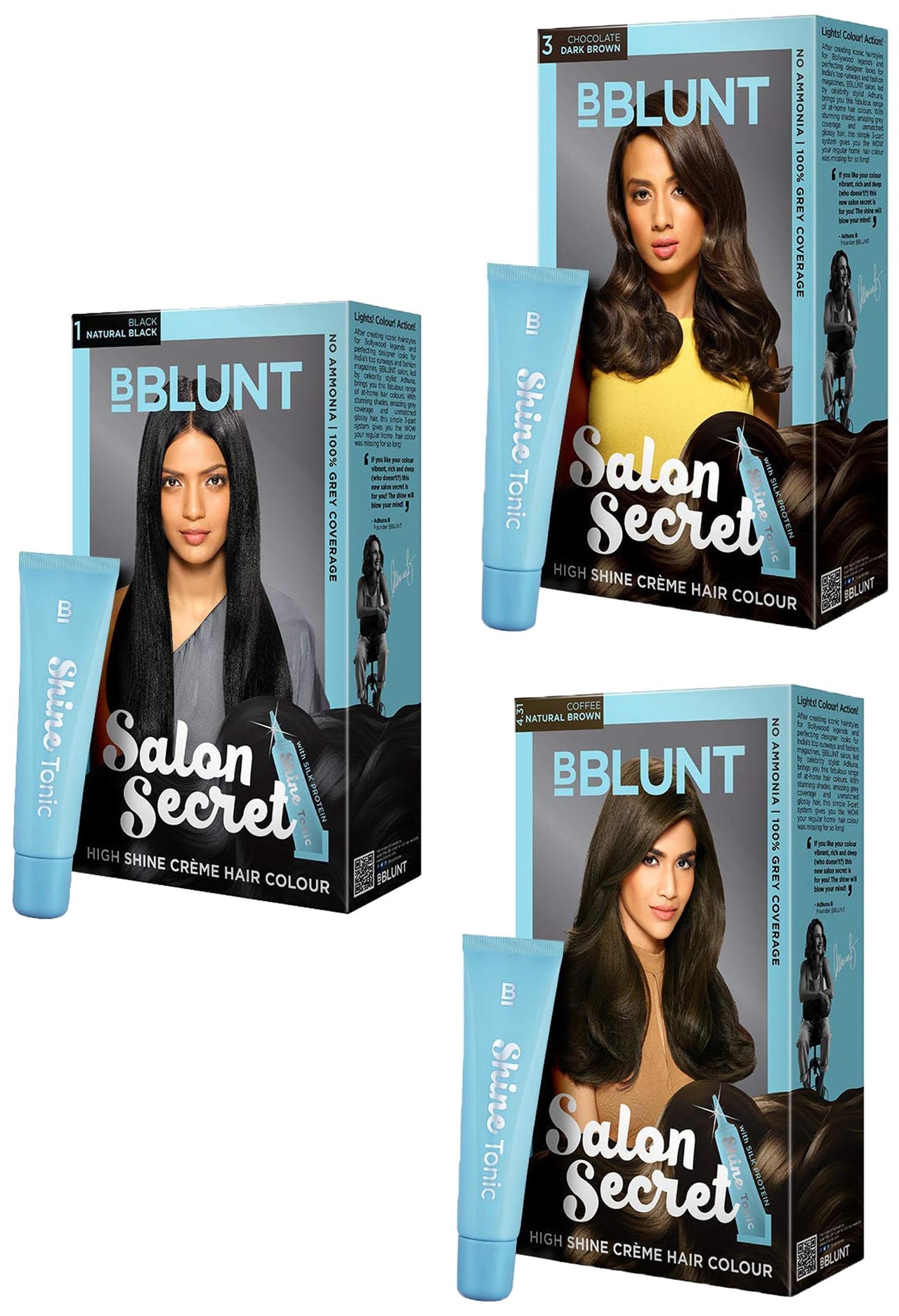 BBLUNT Salon Secret High Shine Crème Hair Colour, 100g Chocolate Dark Brown 3 & High Shine Crème Hair Colour, 100g 4.31 (Coffee Natural Brown) & High Shine Crème Hair Colour, 100g (Natural Black)