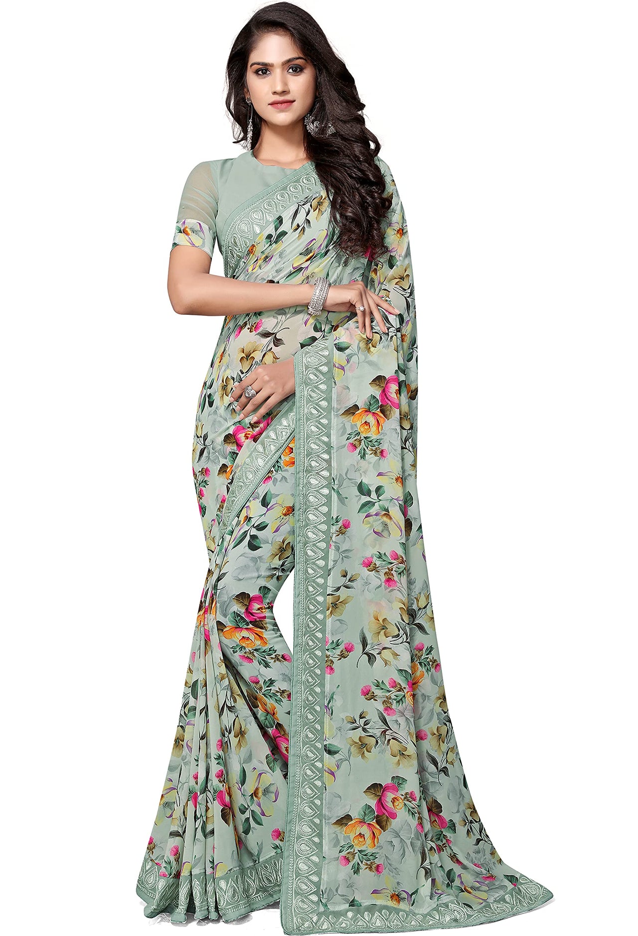 Shangrila Designer Digital Pastel Prints Weightless Georgette Saree With Blouse Piece