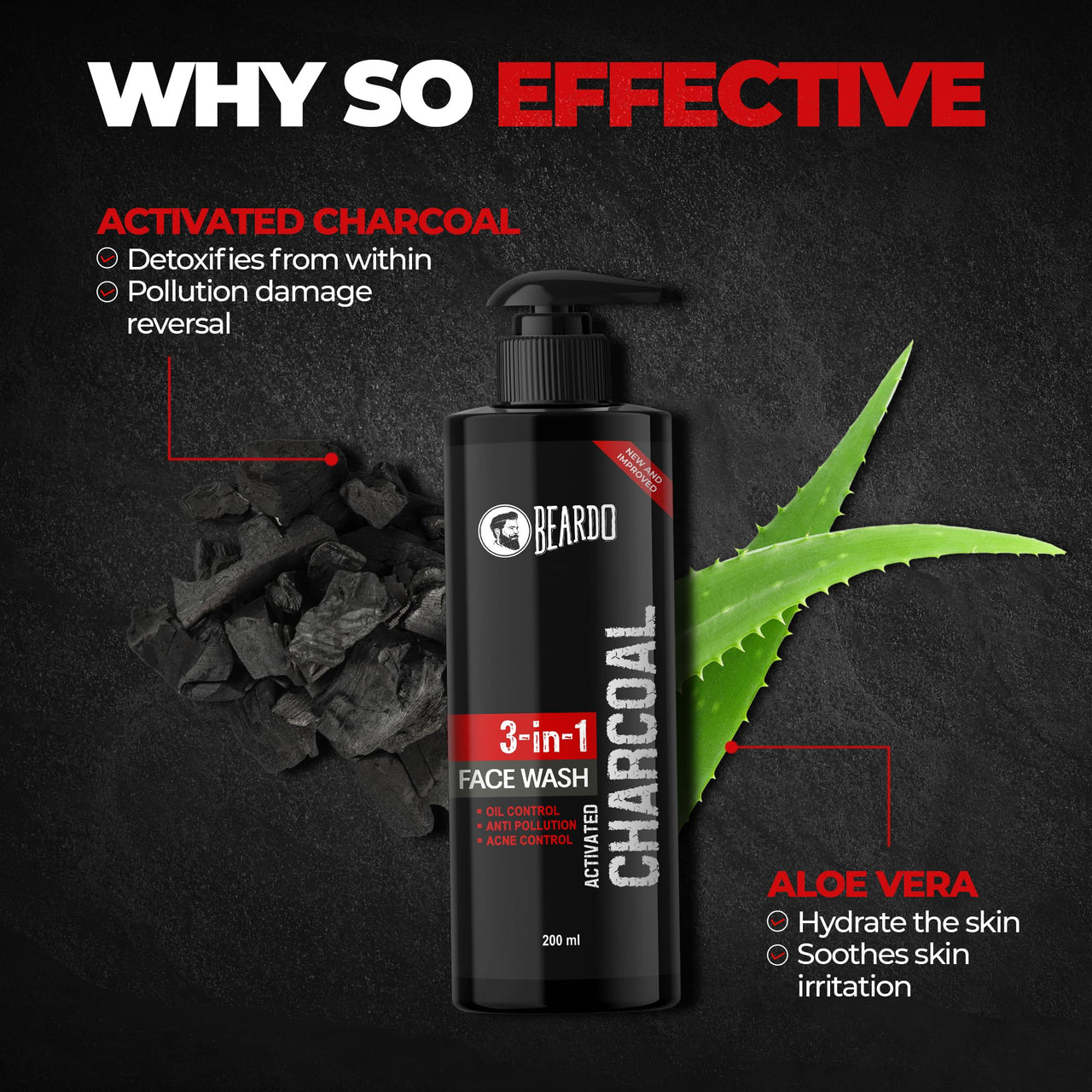 Beardo 3-in-1 Activated Charcoal Face Wash| Deep Cleanse, Exfoliate & Detoxify | All-in-One Face Wash for Oily Skin, Dirt & Pollution Removal | Oil Control Face wash for men 200ml