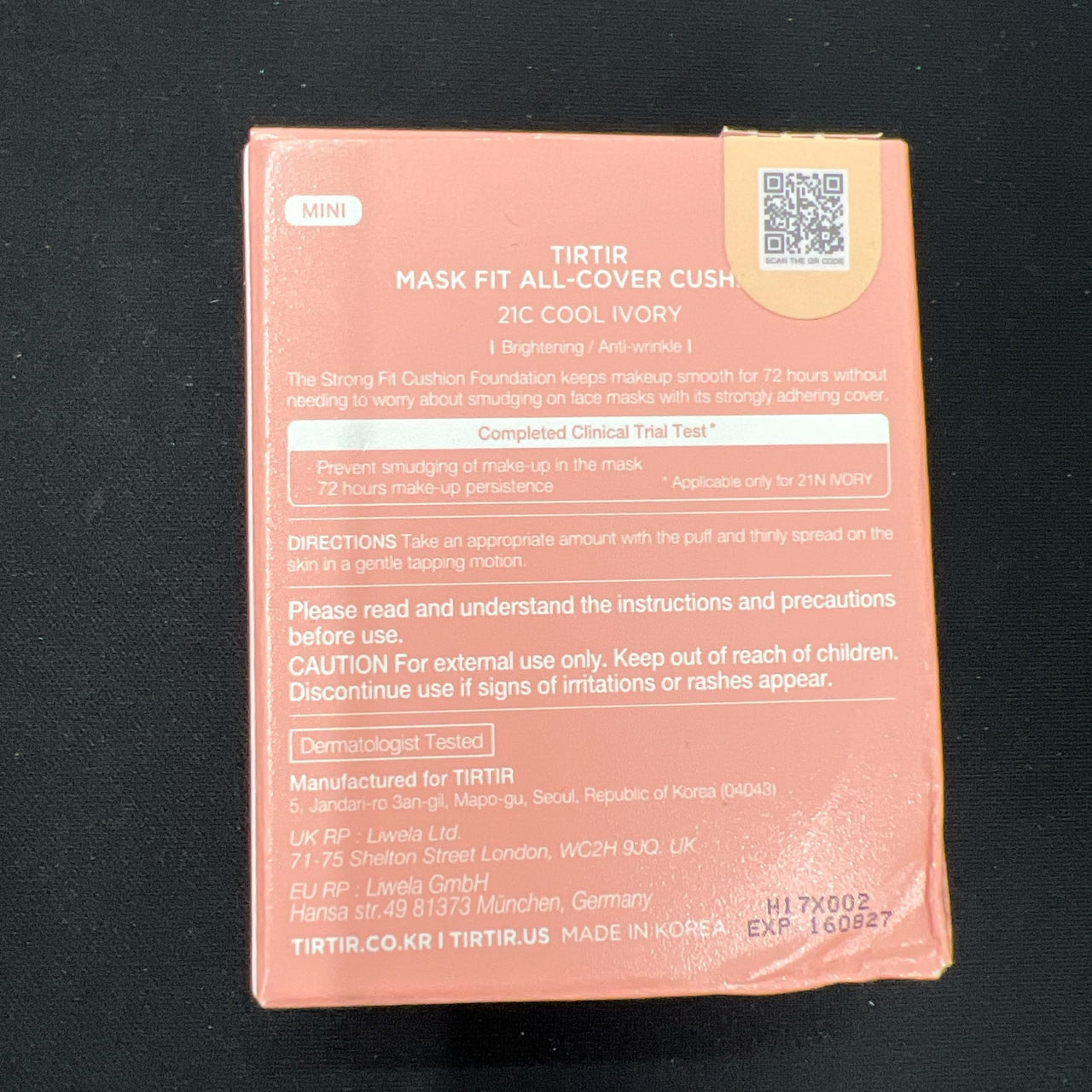 TIRTIR Mask All-Cover Cushion Foundation | Full coverage, Skin fit, Satin Glow Finish | Korean Cushion Foundation #21C COOL IVORY | 4.5g