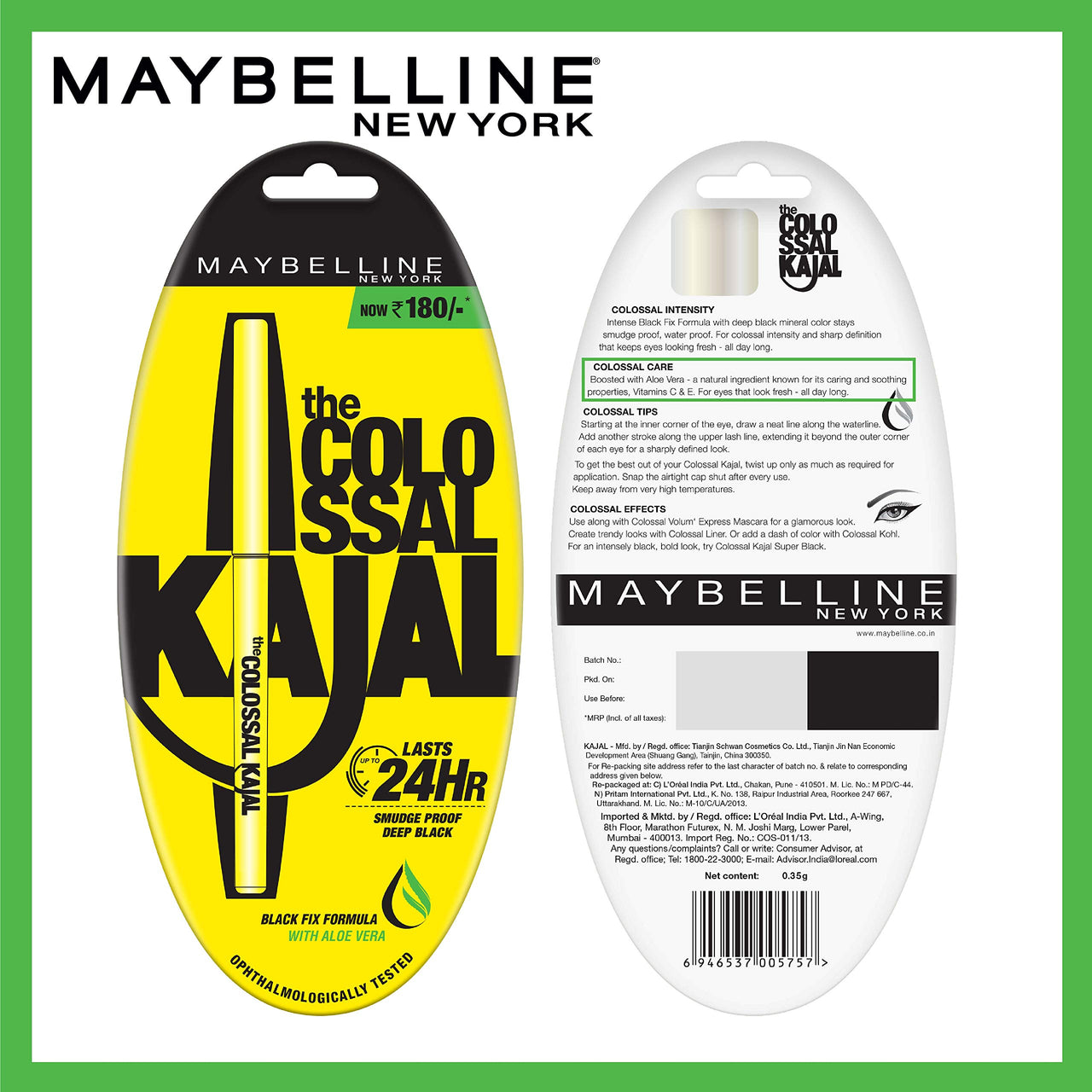Maybelline New York Colossal Kajal, Intense Colour, Waterproof, Long lasting 24Hrs Stay, Black, 0.35g (Pack of 2)