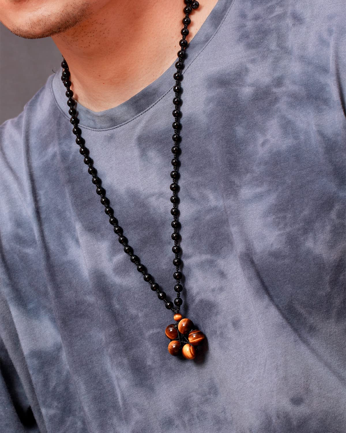 Jewever Tiger Eye Necklace Pendant Handmade Star-Shape Adjustable Energy Gemstone Healing Crystal 12mm Beads Unisex Yellow