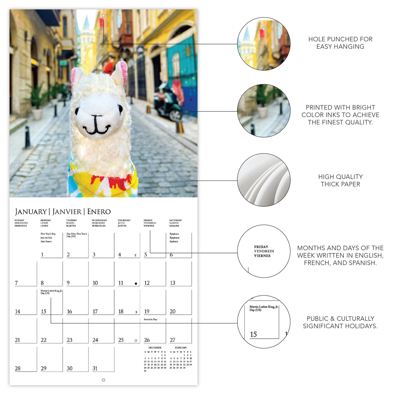 Graphique 2024 Llama with No Drama Mini Wall Calendar | 7” x 7” | Thick Paper | Home & Office Organizer | Large Monthly Grid | 3 Languages & Marked Holidays | 4 Month Preview Page for 2025