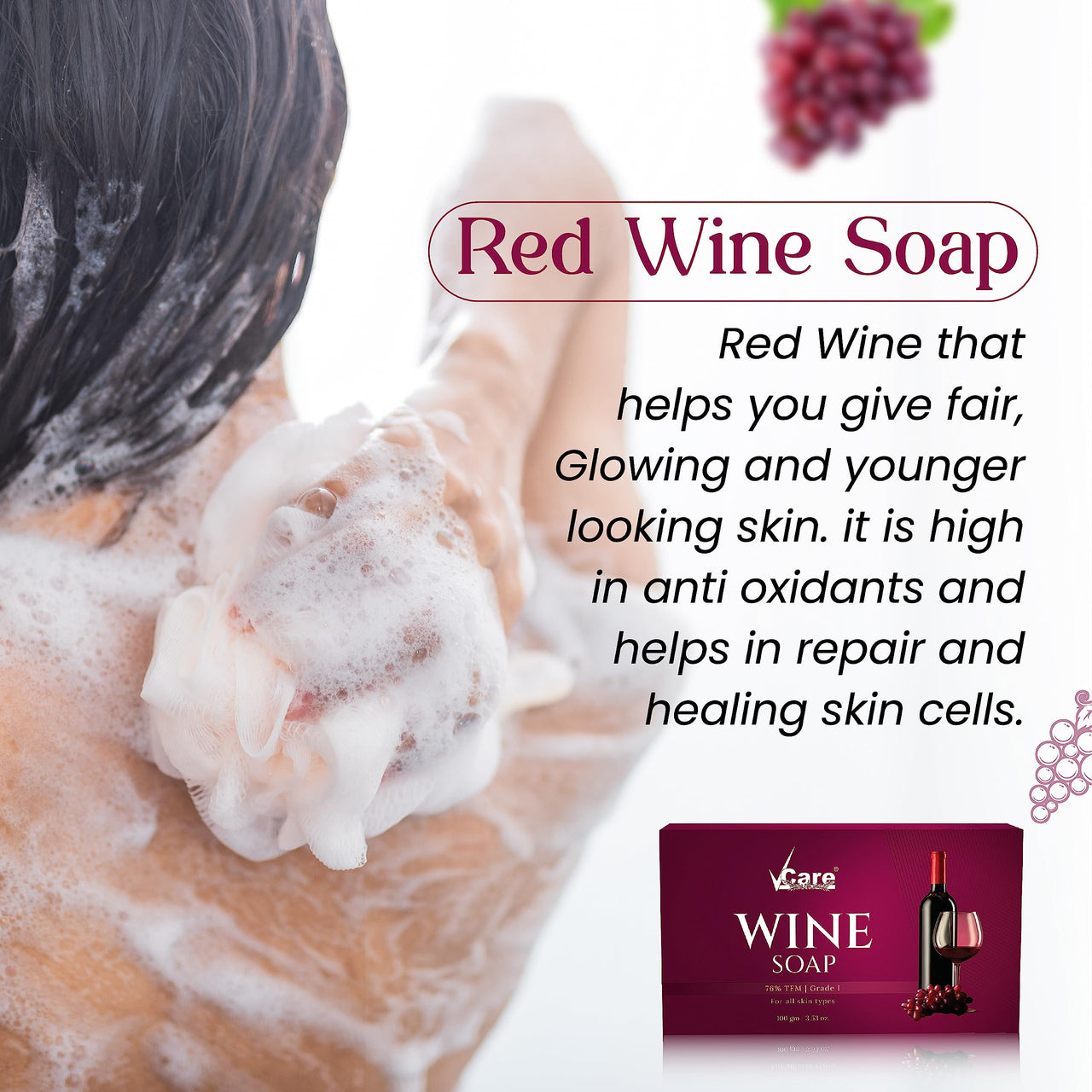 Vcare Red Wine Soap for All Skin Types - Redwine Bathing Bar Deep Cleansing, Exfoliating & Moisturizing Bathing Soaps Combo Pack - 100g (Pack of 6)