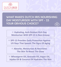 Dutch Iris Nourishing Day Moisturiser with SPF-15 | Wheatgerm, Geranium & Jojoba Extracts | Broad Spectrum Protection | Lightweight & Non-Greasy | For All Skin Types | For Women & Men (Unisex) | 100gms