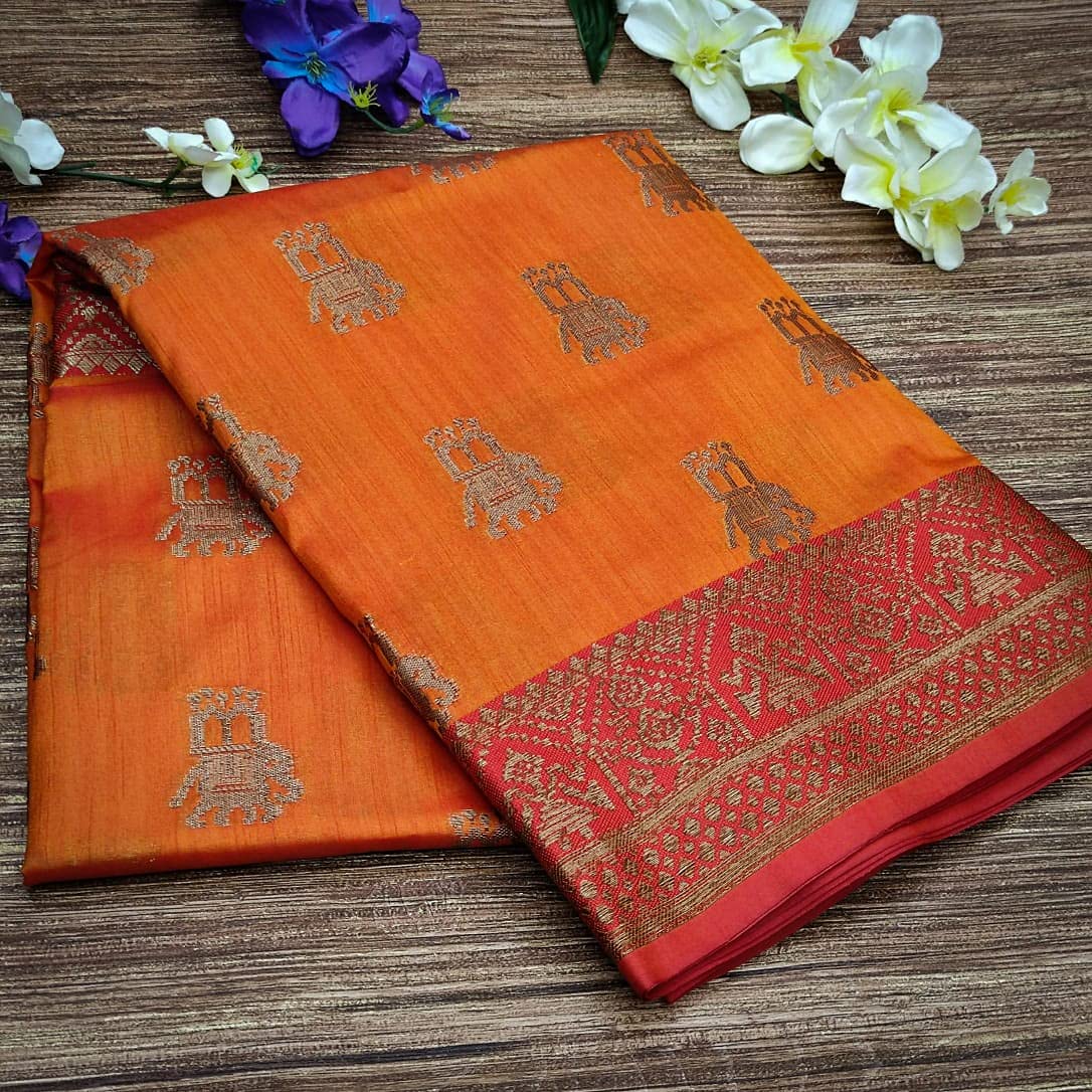 NK Textiles Women's  Elephant Motifs Woven Kanjivaram Ghicha Tussar Silk Saree with Fancy Tassels