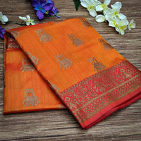 NK Textiles Women's  Elephant Motifs Woven Kanjivaram Ghicha Tussar Silk Saree with Fancy Tassels