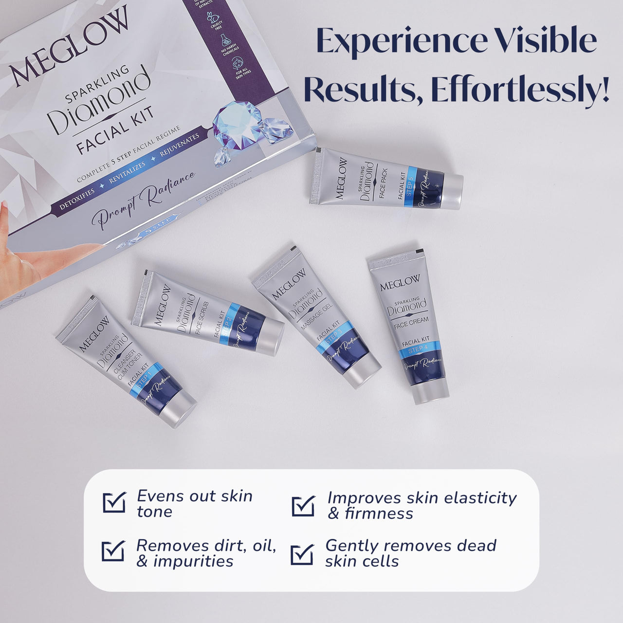 Meglow Beauty Combo for Women Pack of 3- Diamond Kit Facial Kit (105g) with with Complete 5 steps Facial System For Prompt Radiance || Gold Bleach Cream ((2)50g Each)