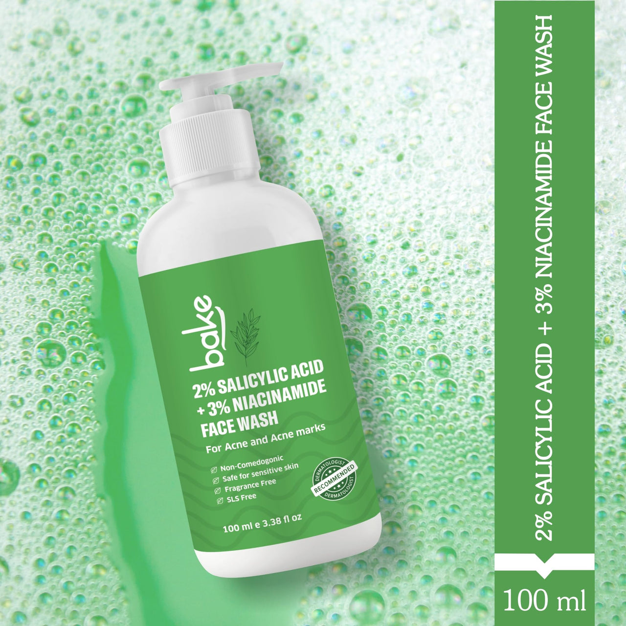BAKE 2% Salicylic Acid & 3% Niacinamide Face Wash for Oily Acne Prone Skin | Treats Active Acne & Fades Acne Marks & Dark Spots | Daily Anti Acne Face Wash - 100ml
