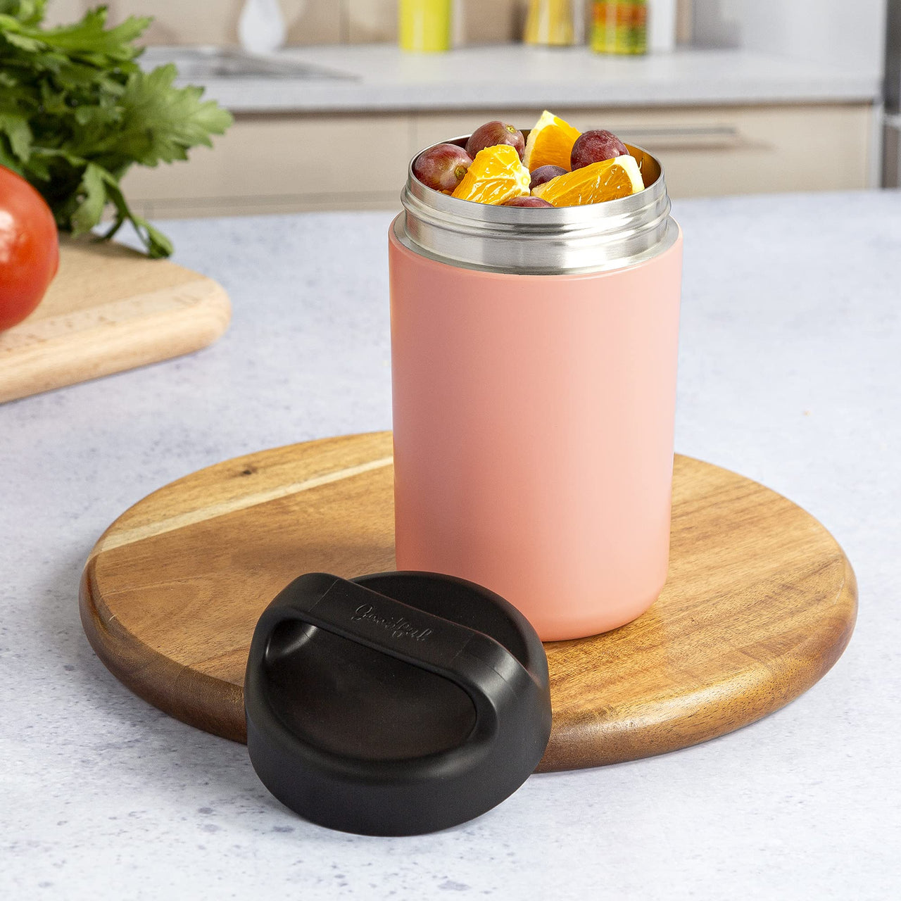 Goodful Vacuum Sealed Insulated Food Jar with Handle Lid, Stainless Steel Thermos, Lunch Container, 16 Oz, Blush