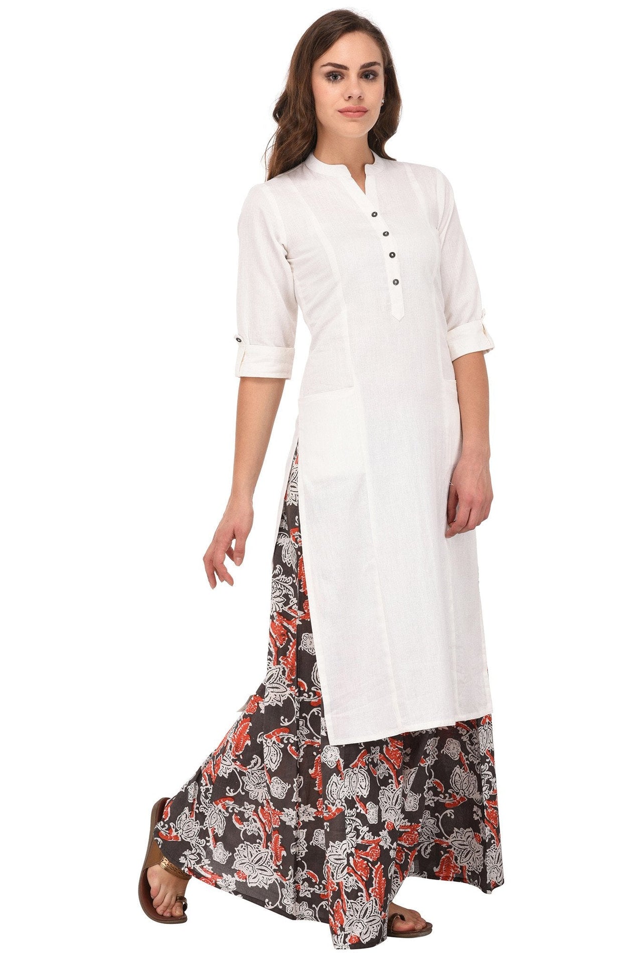 Pistaa's  Women's  White Solid Cotton Kurta with Two Patch Pockets