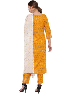 Janasya Women's  Mustard Rayon Straight Kurta with Pant and Dupatta