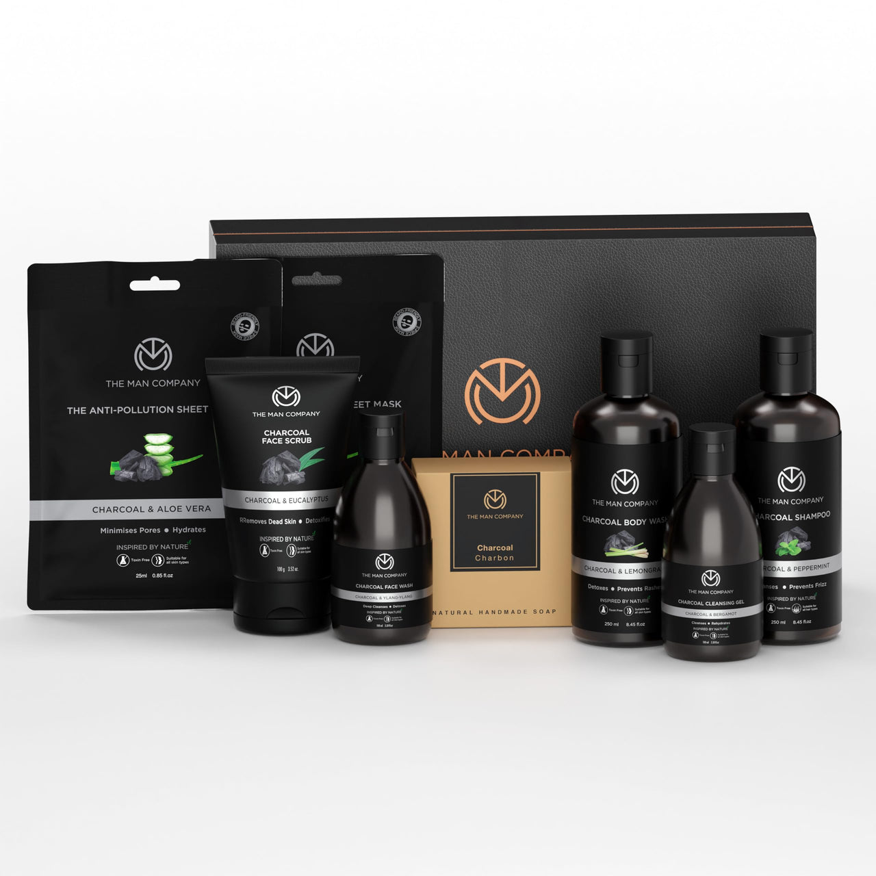 The Man Company Ultimate Charcoal Detan Kit With Elegant Gift Box | Charcoal Body Wash, Shampoo, Face Scrub, Face Wash, Soap, Sheet Mask*2, Cleansing Gel, | Gift Set For Him