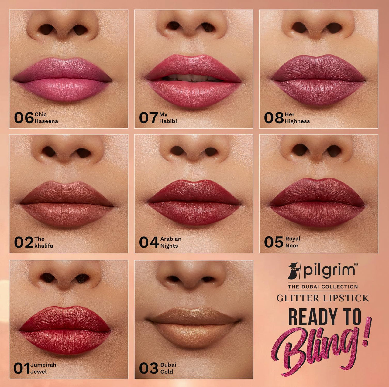 Pilgrim Glitter Lipstick For Women 4.2gm | Dubai Luxe Lifestyle - Jumeirah Jewel Shade | Lipstick Infused with Vitamin E & Olive Oil | Glitter Formula With Matte Finish | Non Drying | All Skin Types