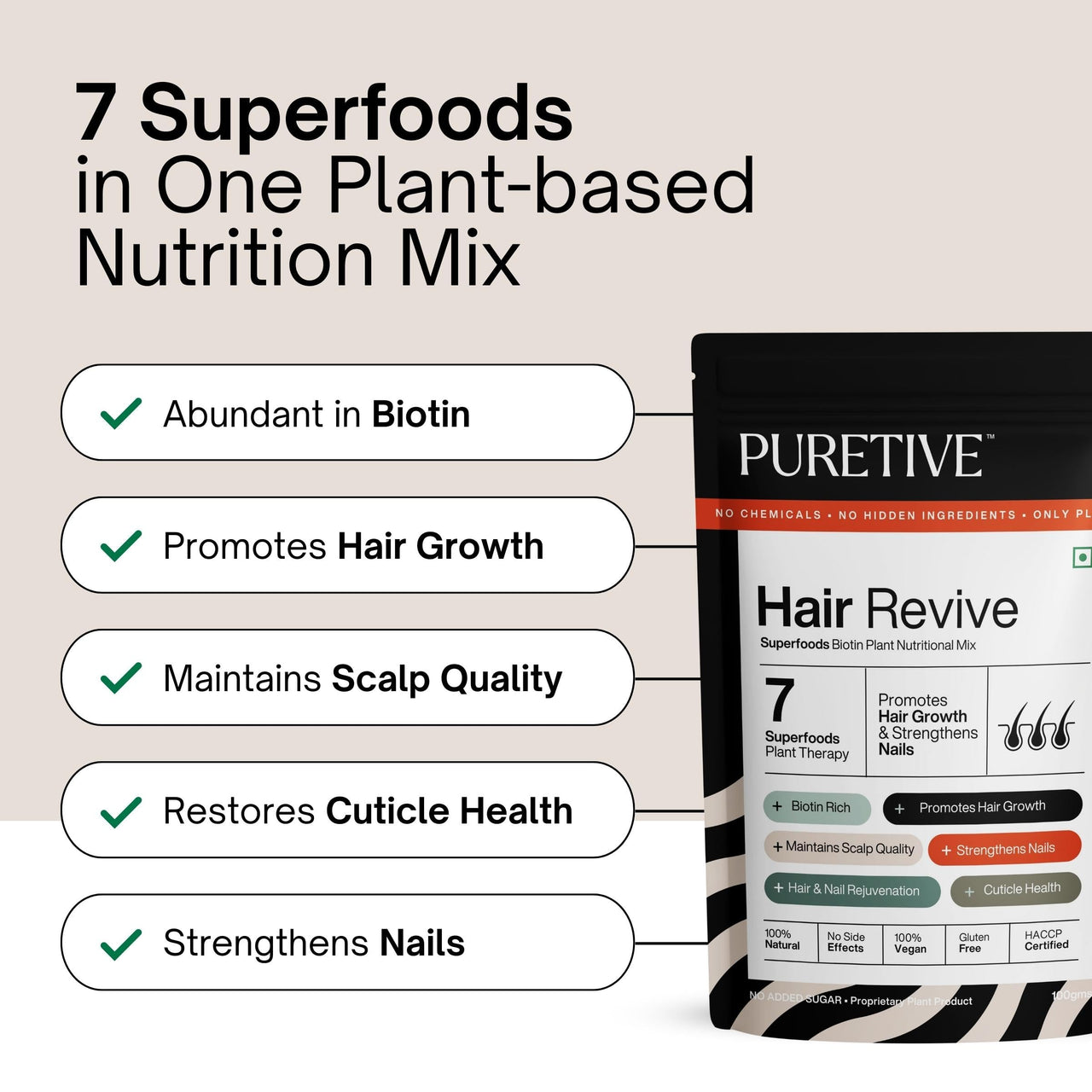 Puretive Hair Revive | Plant Based Biotin Powder | Promotes Healthy Hair and Fights Hair Fall | Promotes Hair Growth - 100% PURE, Non-GMO, Vegan | Superfood for Everday use | Just Mix & Sip | 100gms