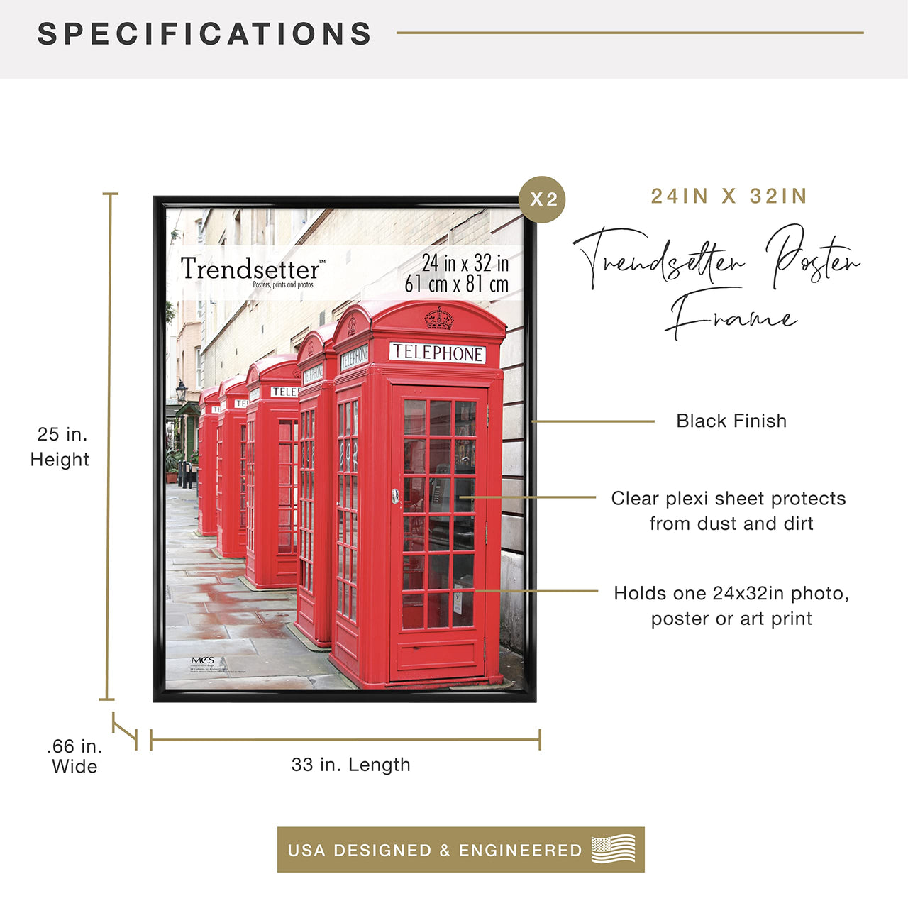 MCS Trendsetter 20x28 Poster Frame Black High-Gloss, Vertical & Horizontal Wall Hanging Large Picture Frame for Photos, Posters & Art Prints (1-Pack) 20 x 28 in Single