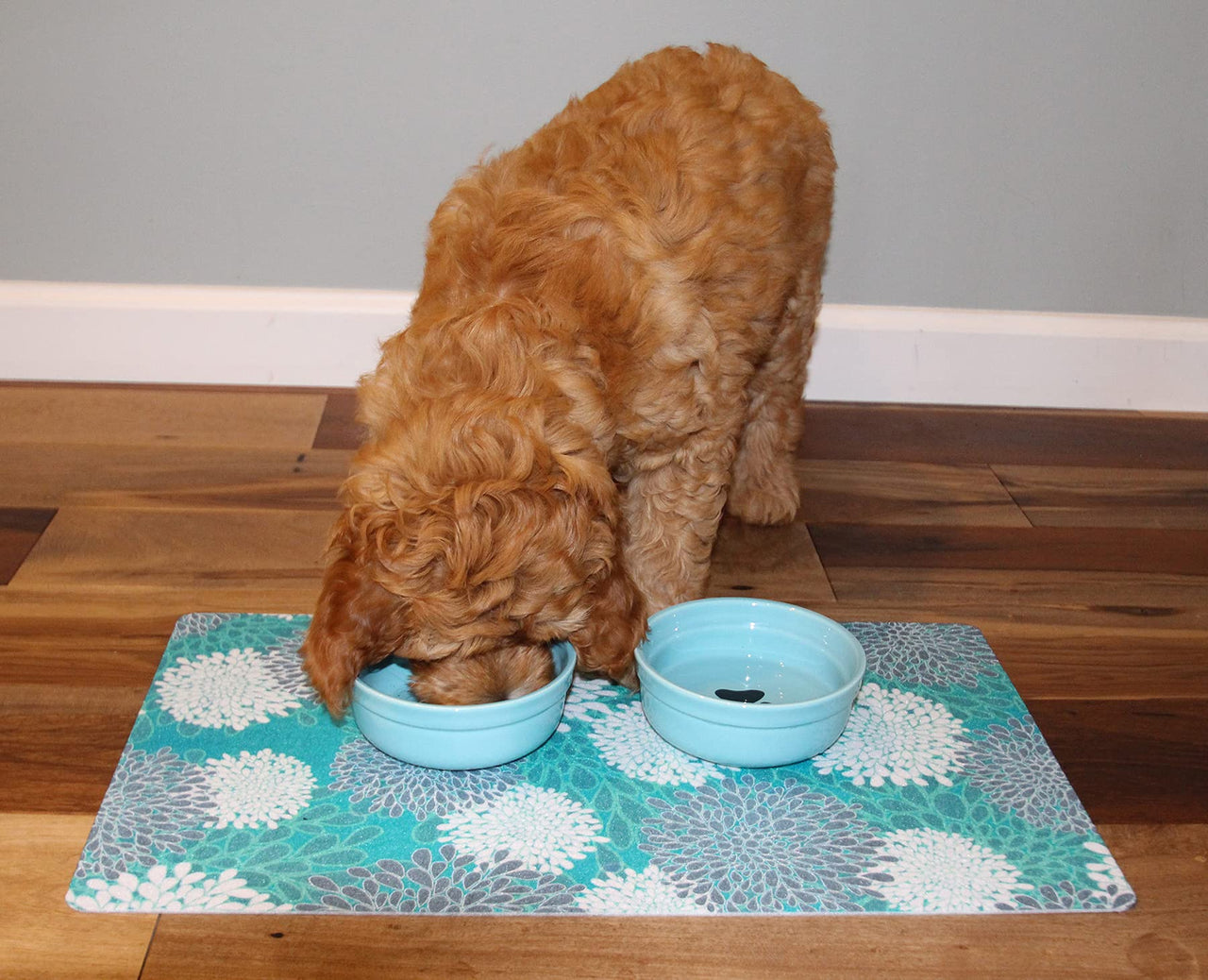 Drymate Pet Bowl Placemat, Dog & Cat Food Feeding Mat - Absorbent Fabric, Waterproof Backing, Slip-Resistant - Machine Washable/Durable (USA Made) (12” x 20”) (Indian Summer Turquoise & White 8) Small (12" x 20") Indian Summer Turquoise & White 8