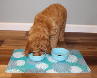 Drymate Pet Bowl Placemat, Dog & Cat Food Feeding Mat - Absorbent Fabric, Waterproof Backing, Slip-Resistant - Machine Washable/Durable (USA Made) (12” x 20”) (Indian Summer Turquoise & White 8) Small (12