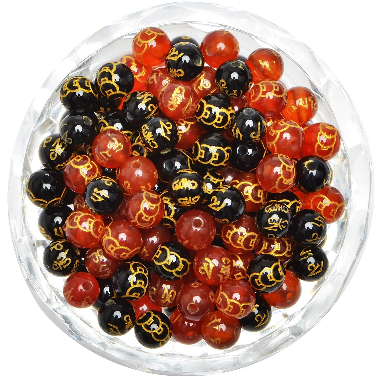 100Pcs Natural Crystal Beads Stone Gemstone Round Loose Energy Healing Beads with Free Crystal Stretch Cord for Jewelry Making (Craved Bronze Coin Mantra Red Black Agate, 6MM) Craved Bronze Coin Mantra Red Black Agate