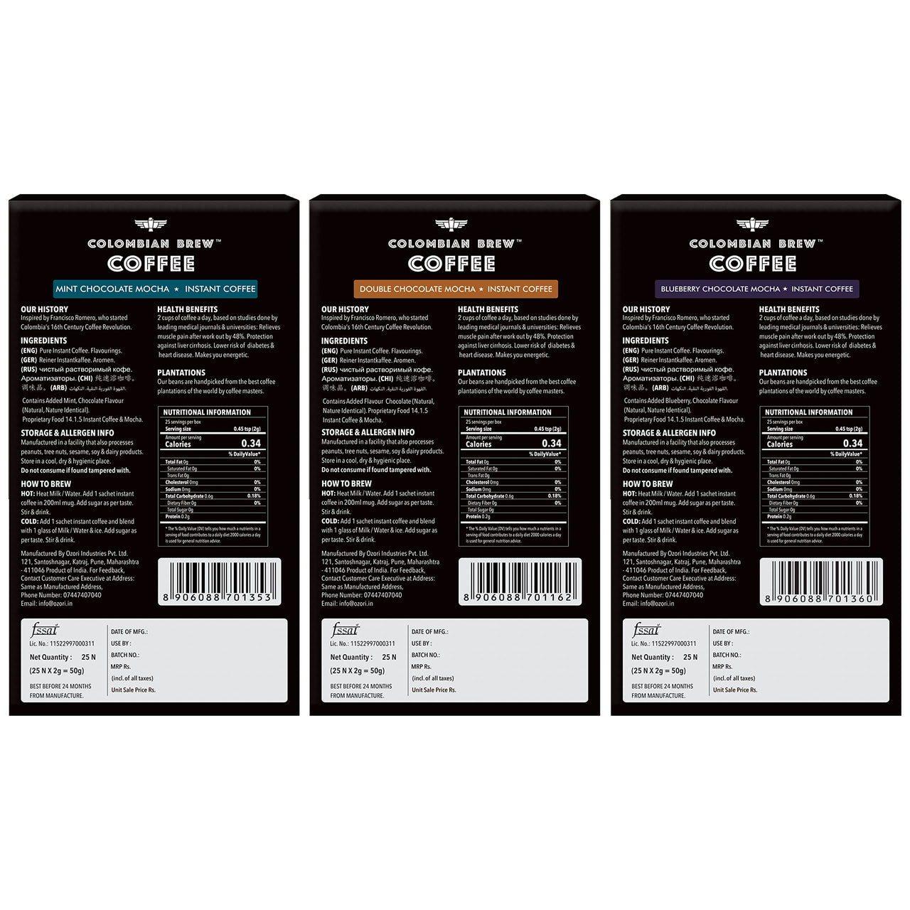 COLOMBIAN BREW COFFEE Double Chocolate Mocha, Mint Chocolate Mocha, Blueberry Chocolate Mocha Instant Coffee Powder, 3 X 50g